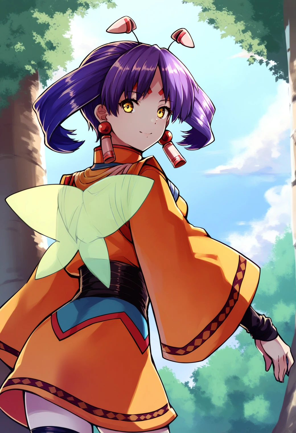 <lora:tio_grandia_ponyxl_v4:1>, tio, facial mark, forehead mark, earrings, wings, antennae, purple hair, yellow eyes, twintails, grey skin,
looking at viewer, light smile, cowboy shot, from behind, looking back,
orange dress, multicolored dress, short dress, wide sleeves, torc, black gloves, fingerless gloves, black belt, bandaged leg, black bandages,
outdoors, tree, bush, blue sky, cloudy sky,
score_9, score_8_up, score_7_up, score_6_up, anime