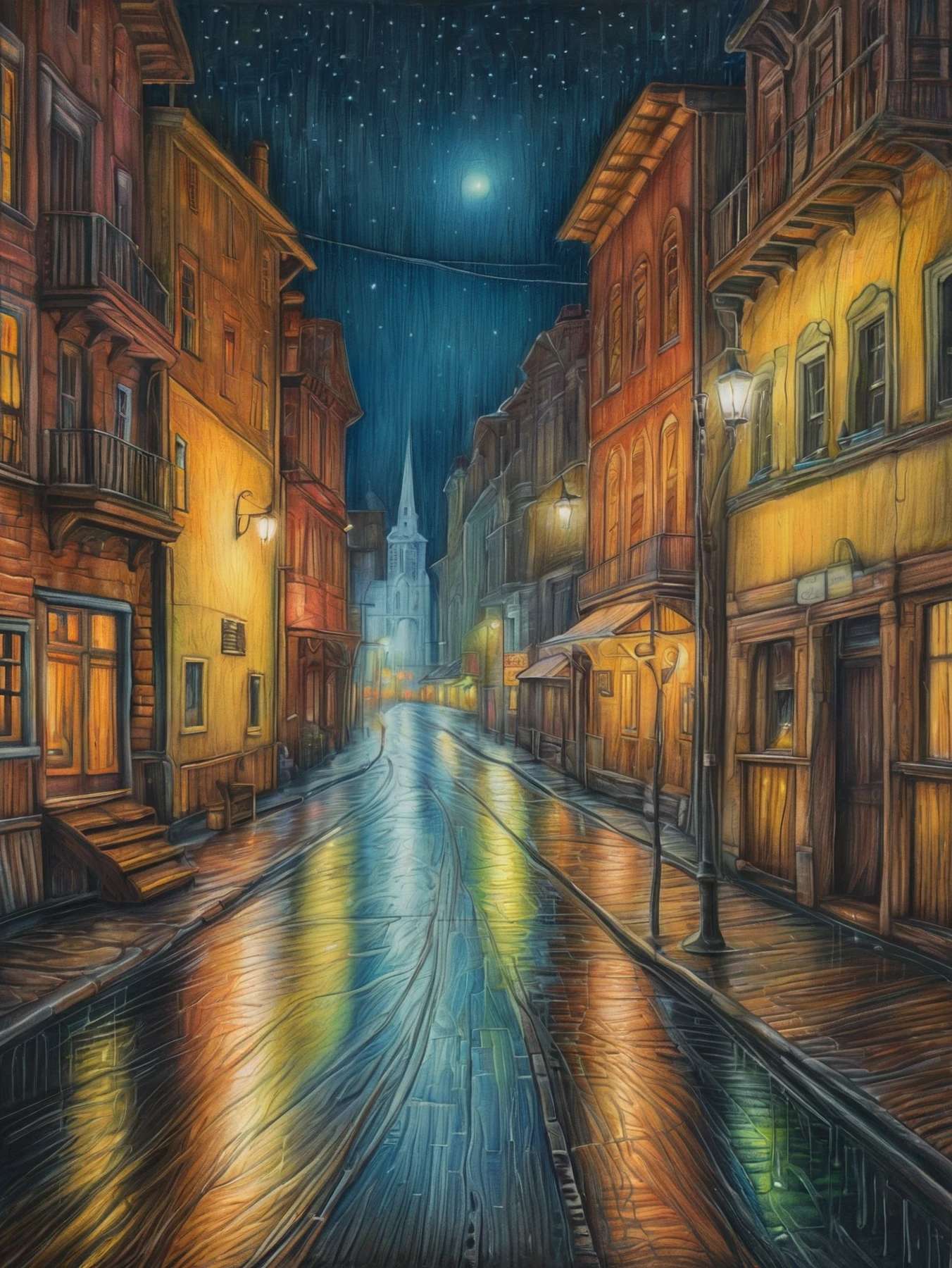 Color pencil drawing of rustic city at night, wet streets.

<lora:PencilDrawEn01_CE_SDXL:0.6>
