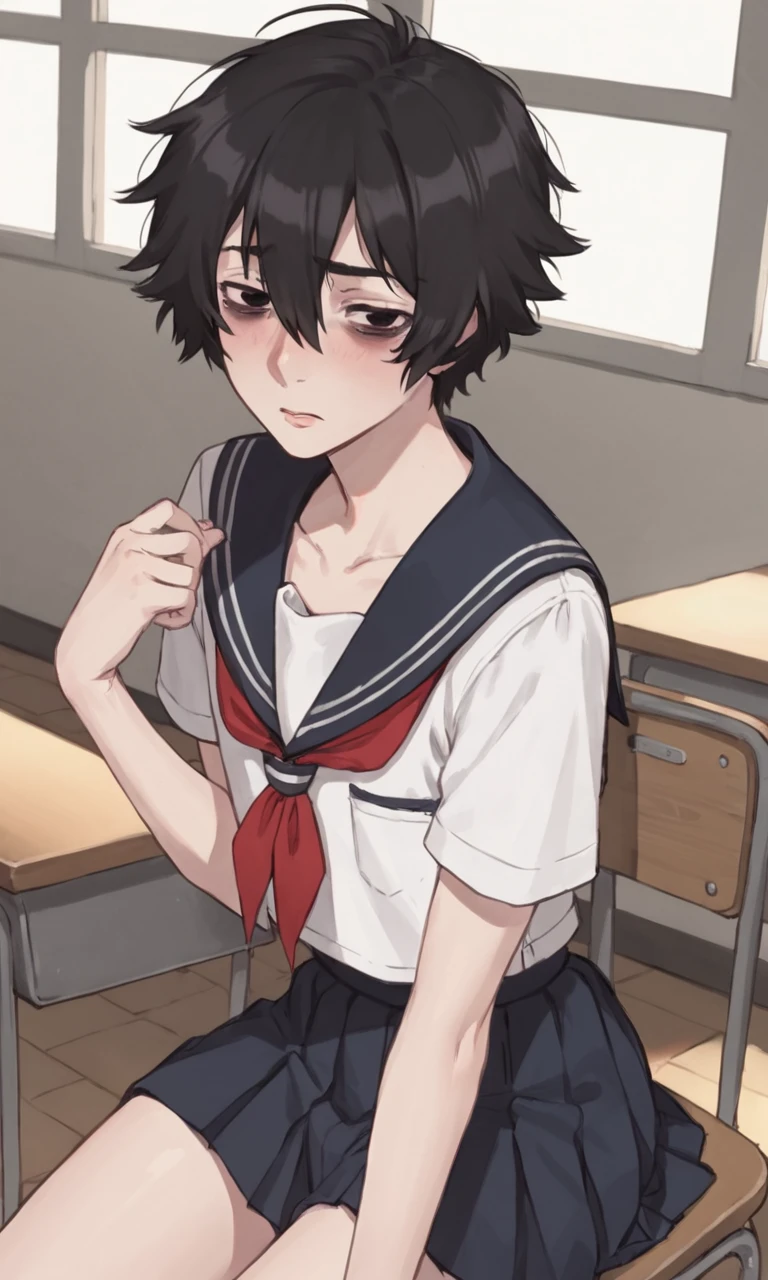 score_9, score_8_up, score_7_up, source_anime, masterpiece, best quality, lots of details, in japanese classroom, BREAK
1boy, solo, 18 years old, adult, tall, femboy:0.2, doomerboy, black hair, black eyes, short hair, hair between eyes, bags under eyes, blushing, shiny skin, looking at viewer, serafuku, seifuku, schoolgirl outfit, short sleeves, red ribbon, thighs, on classroom table