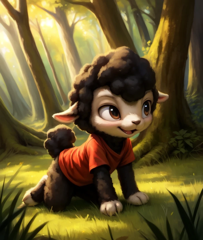 <lora:BlackietheLambN:0.8>  BlackietheLambN,  Lamb,  hooves, red shirt,  black wool, chibi, (all fours, cowgirl position,)
Male, Detailed multicolored skin, ( solo), [day,  forest, trees, meadows, grass, clouds,] solo focus,  
(beautiful, aesthetic, perfect, delicate, intricate), masterpiece, digital drawing, best quality, AS-YoungerV2:0.6, AS-YoungestV2:0.5,   
[by kenket|by totesfleisch8], by thebigslick:by silverfox5213:0.8], [by syuro, by paloma-paloma::0.2, (Tricksta, TotesFleisch8)