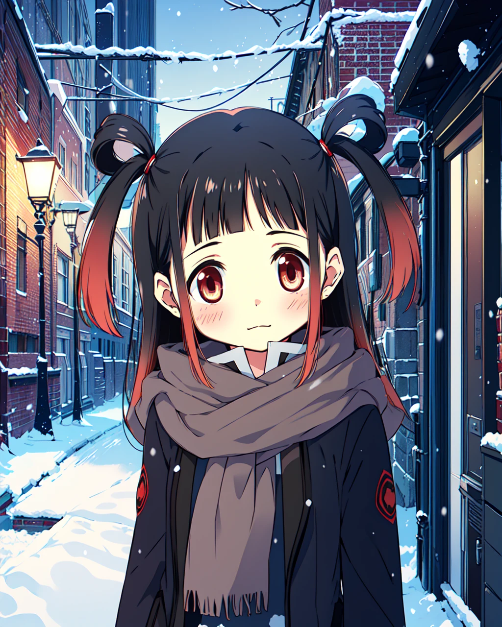 masterpiece, high quality, mgrcoobajuri, 1girl, close shot, standing, red eyes, black hair, short twintails, black winter coat, scarf, blush, shy, outdoors, city, street, winter, snow, <lora:mgrcoobajuri:0.8>