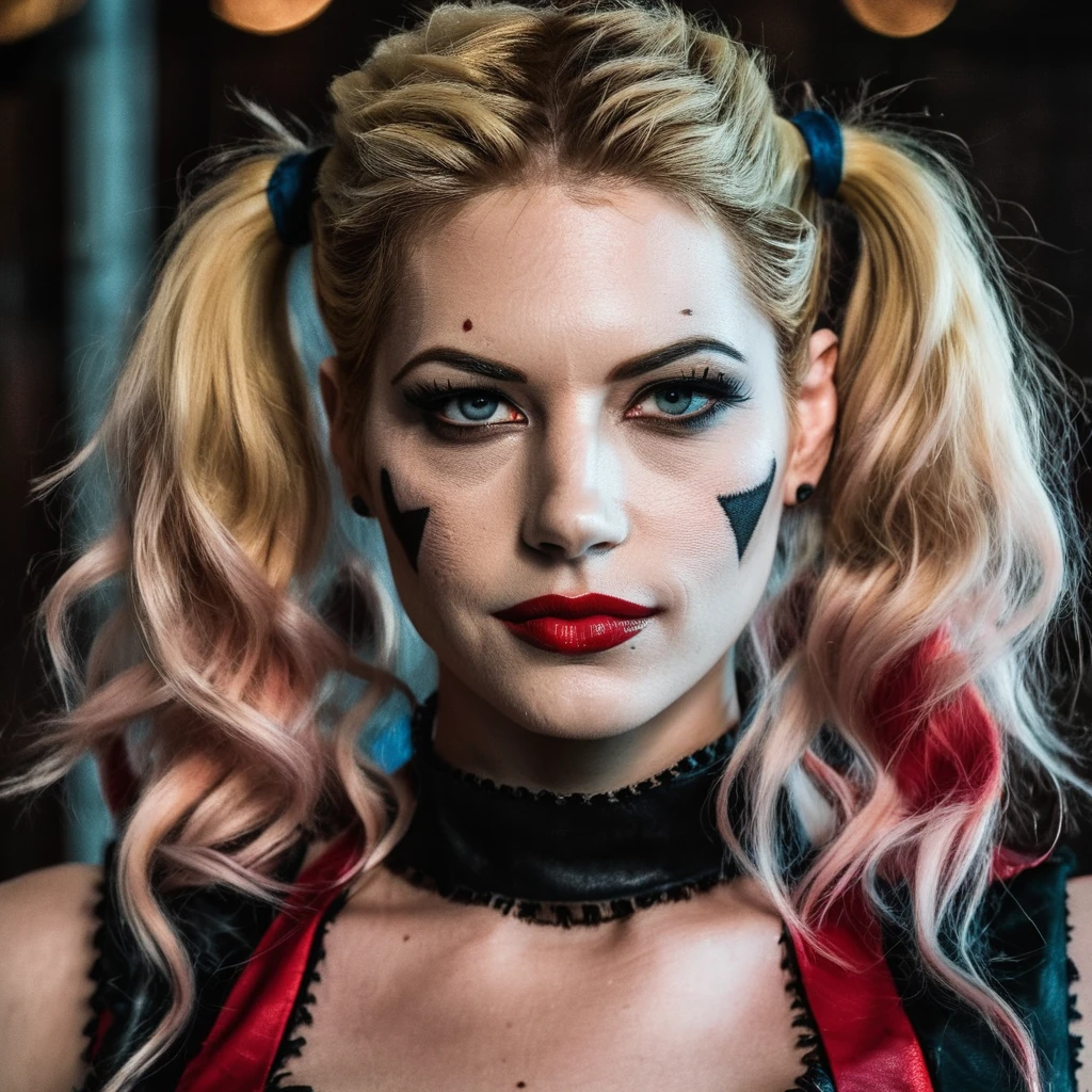 High res closeup portrait photo of an actress dressed as Harley Quinn, f /2.8, Canon, 85mm,cinematic, high quality, skin texture, looking at the camera,  katxwinnick,   <lora:katwinnick_juggerX_xl_1_st_wocap-katxwinnick-000061:1>