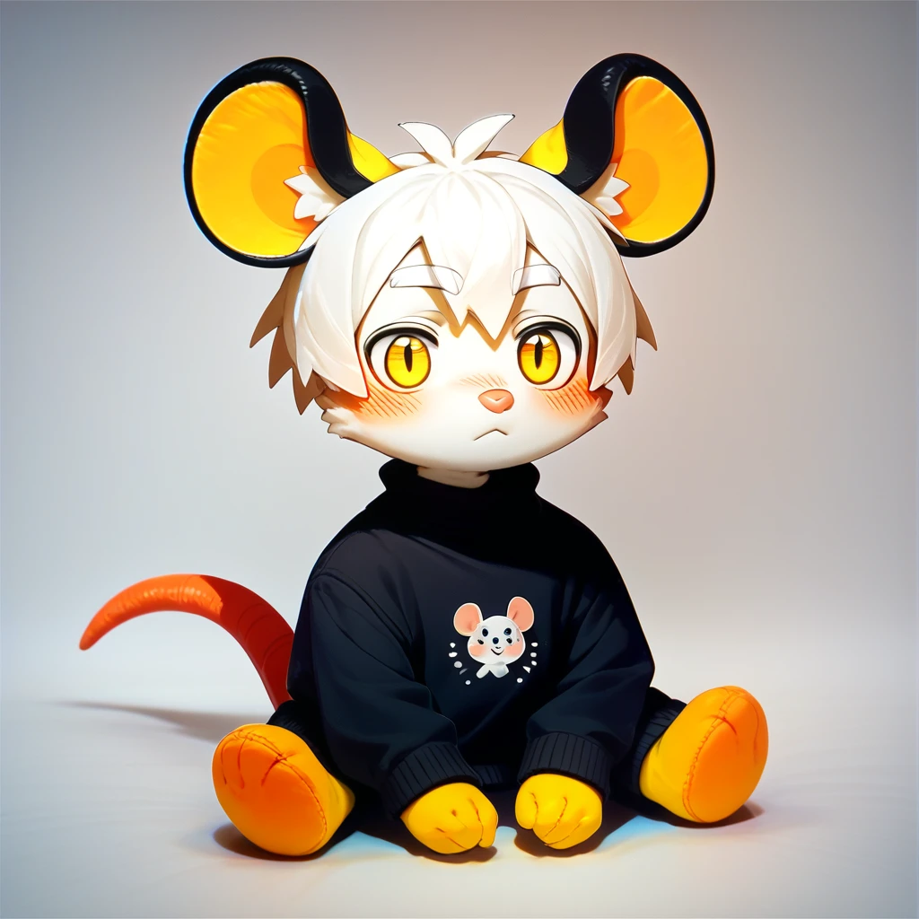 score_9, score_8_up, score_7_up, score_6_up, toys_mikus, fumo style, fumo toys, looking at the view, sitting, white background, , mikus, yellow hand, yellow ears, mouse, solo, white eyebrows, pink nose, white hair, 1boy, blush, yellow eyes, black dot eyes,((white fur)), tail, body fur, mouse ears ((black sweater, black pant)),