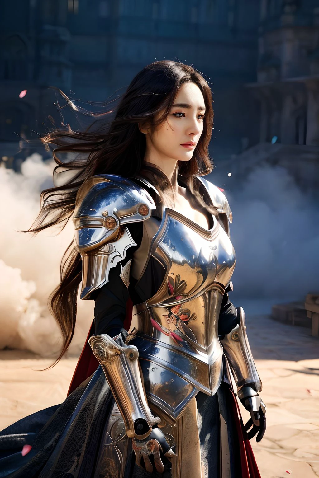 ,yangmi woman, female knight, heaven armor,armor is  flamboyant and exaggerated, also exquisitely detailed,  flowers will fade if notarded, volumetric lighting, bright background, swirly dust, tendrils, elegant, highly detailed, midjourney<lora:yangmi_mj2e4_4-000018:0.6>  <lora:epi_noiseoffset2 (1):0.6> <lora:more_details (1):0.6>