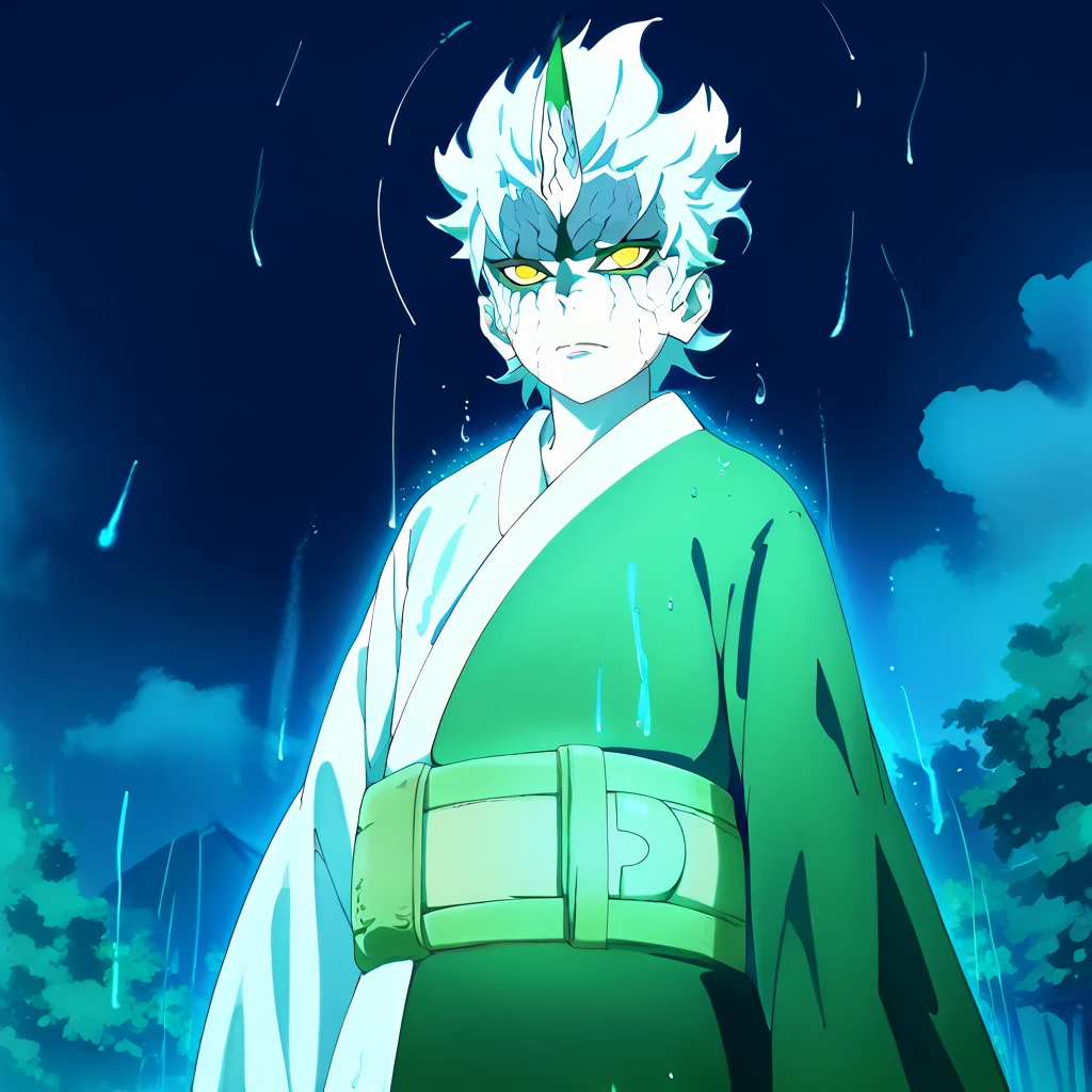 1boy,solo,male focus,Mitsuki,sage mode,short hair,floating hair,white hair,horn on forehead,pale skin,yellow eyes,facial mark,white and green kimono,wide sleeves,green belt,aqua aura,((medium shot)),rain,storm,dark sky,raindrops,konohavillage,konohagakure village,anime_screencap,fake_screenshot,score_9,score_8_up, score_7_up, score_6_up, score_5_up,score_4_up,source_anime,fine anime screencap,style parody,official style,anime coloring<lora:EMS-284334-EMS:0.800000>, <lora:EMS-384439-EMS:0.800000>, <lora:EMS-419346-EMS:1.000000>