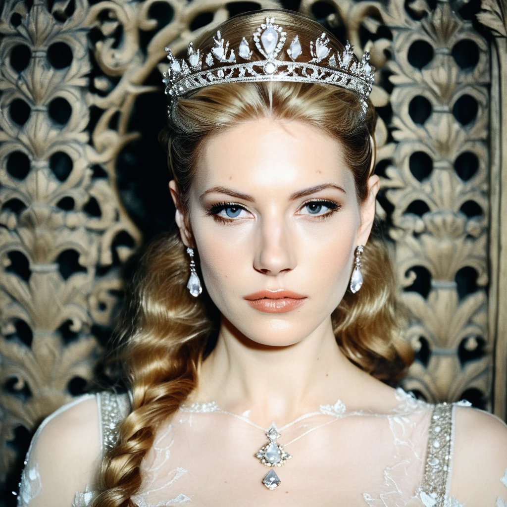 (Skin texture),High quality closeup face portrait photo, analog, film grain, actress dressed as a medieval queen with a delicate diamond tiara,regal,  katxwinnick,   <lora:katwinnick_juggerX_xl_1_st_wocap-katxwinnick-000061:1>