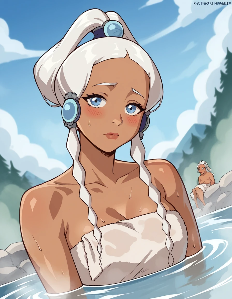 score_9, score_8_up, score_7_up, source_anime, <lora:princess-yue-book1-ponyxl-lora-nochekaiser:1>, princess yue, long hair, blue eyes, ponytail, white hair, dark skin, dark-skinned female, makeup, sidelocks, hair ornament,, nude, naked, outdoors, onsen, towel, naked towel, steam, bathing, nude cover, partially submerged, water, bath, steam censor, wet towel, blush, looking at viewer, solo, cowboy shot, dutch angle