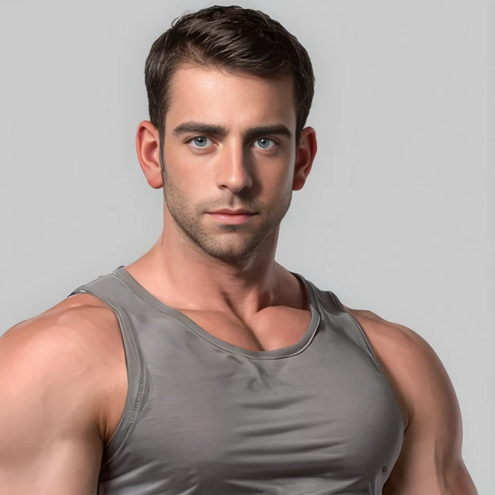 (portrait:1.2), (straight-on:1.2), <lora:MattCole:0.8>, mattcole, tank top, absurdres, (muscular male:1.1), grey background