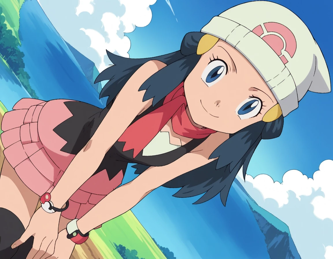 score_9, score_8_up, score_7_up, source_anime, pokemondawn, <lora:pokemon-dawn-anime-ponyxl-lora-nochekaiser:1>, pokemon dawn, black hair, blue eyes, sidelocks, long hair,, bare shoulders, beanie, black shirt, black socks, bracelet, hat, jewelry, kneehighs, miniskirt, pink skirt, red scarf, scarf, shirt, skirt, sleeveless, sleeveless shirt, white headwear,, landscape, bent over, smile, looking at viewer, solo, cowboy shot, dutch angle