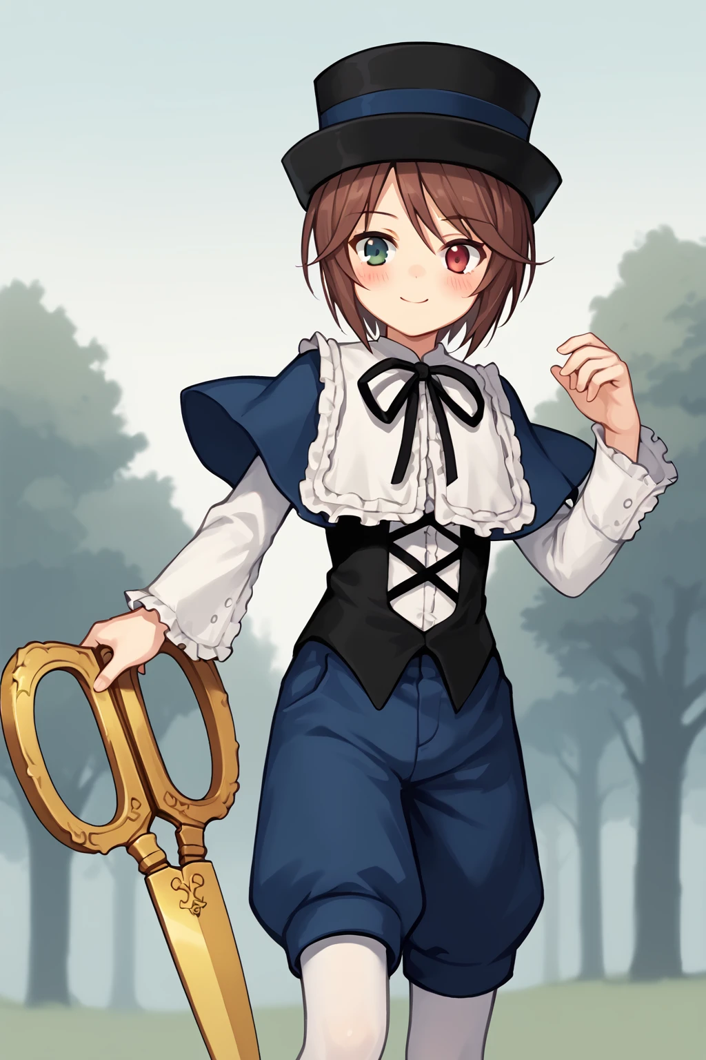 score_9, score_8_up, score_7_up, score_6_up, score_5_up, score_4_up, source_anime, BREAK
1girl, <lora:Souseiseki_pdxl_v1.0:0.95> souseiseki, capelet, shirt, corset, ribbon, hat, pants, white pantyhose, BREAK
scissors, holding, BREAK
outdoors, nature, light smile, blush