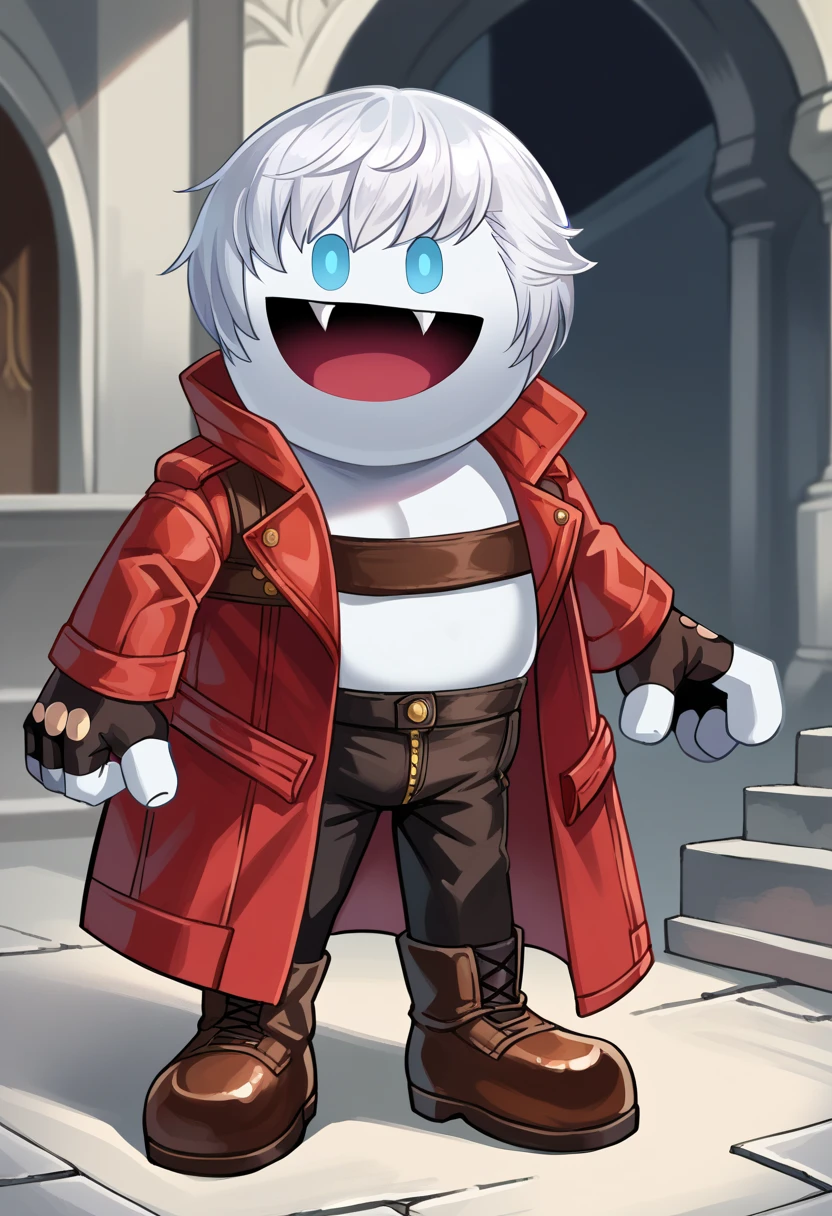 score_9, score_8_up, score_7_up, source_anime, BREAK solo, <lora:Jack-Frost-Maker-pdxl_Fp:1>, jackfrostmaker, open mouth, creature, fang, full body, white skin, <lora:dmc3_dante_ponyXL:1>, dmc3dante, red coat, bandeau, fingerless gloves, black pants, boots, standing, white hair,