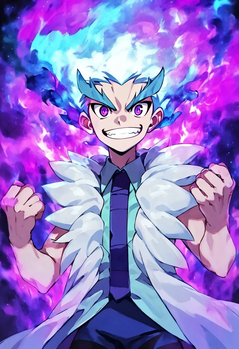 Score_9, Score_8_up, Score_7_up, source_anime, luishirosagi, light blue and white hair, purple eyes, fullbody, 1boy, aura, mocking smile, negative_hand,