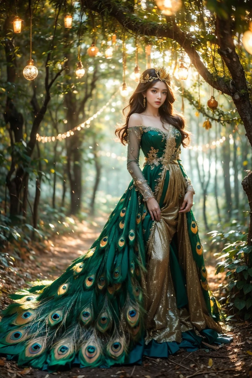 high quality,masterpiece,professional photography,8k,realistic,a girl in a peacock dress standing in a forest, jungle gown, fantasy photoshoot,royal green and nature light,looking majestic in forest,decorated with intricate details in emerald green and gold,solo,standing,long hair,looking at viewer,brown hair,long sleeves,brown eyes,blurry,tree,depth of field,fantasy art style,falling golden sparks add a magical touch to the scene, decorative light bulbs,plant,stairs,((peacock green feathers dress)),detailed textures, <lora:JAY - Jungle Princess:0.8>,