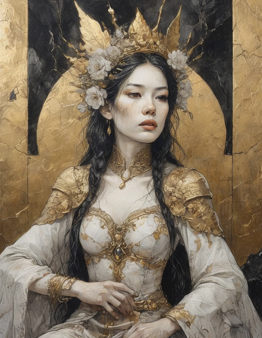 gold leaf illustration closeup portrait of the luminous queen of faerie with her armored guardsmen marble and onyx throne kintsugi detailing magical realm fantasy scene dramatic light sharp details crown of iron bands and flowers