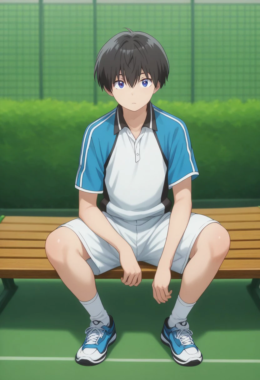 score_9, score_8_up, score_7_up, source_anime, highly detailed, 
maki, 1boy, solo, male focus, black hair, shorts, shoes, blue eyes, shirt,
looking at viewer, white shorts, socks, short sleeves, hair between eyes, sportswear, collared shirt, white shirt, blue shirt, sneakers, tennis uniform,
outdoor, sit, bench