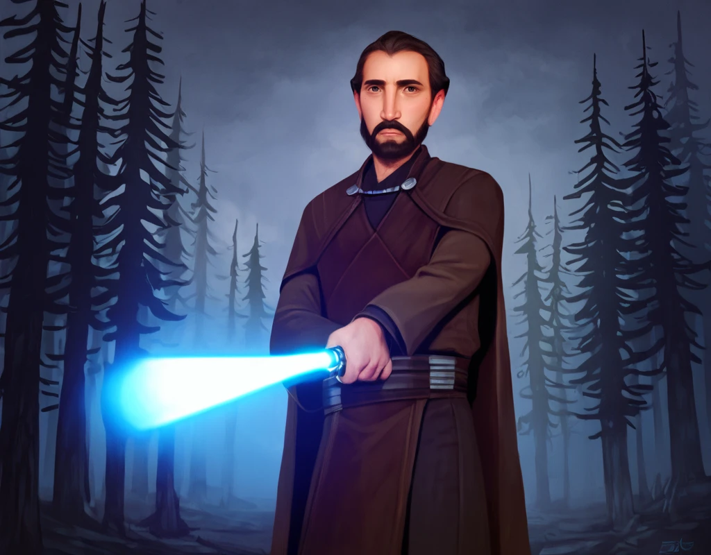 1440p, 8k UHD, intricate detail, hires, score_9, score_8_up, score_7_up, score_6_up, score_5_up, score_4_up,  photorealistic, realistic, forest scenery,  battle, solo, Younger-Dooku, beard, mustache, 1boy, Star Wars, science fiction,  realistic, dust, window, upward lightsaber,  cape   <lora:Younger_Count_Dooku:1> perfect hands