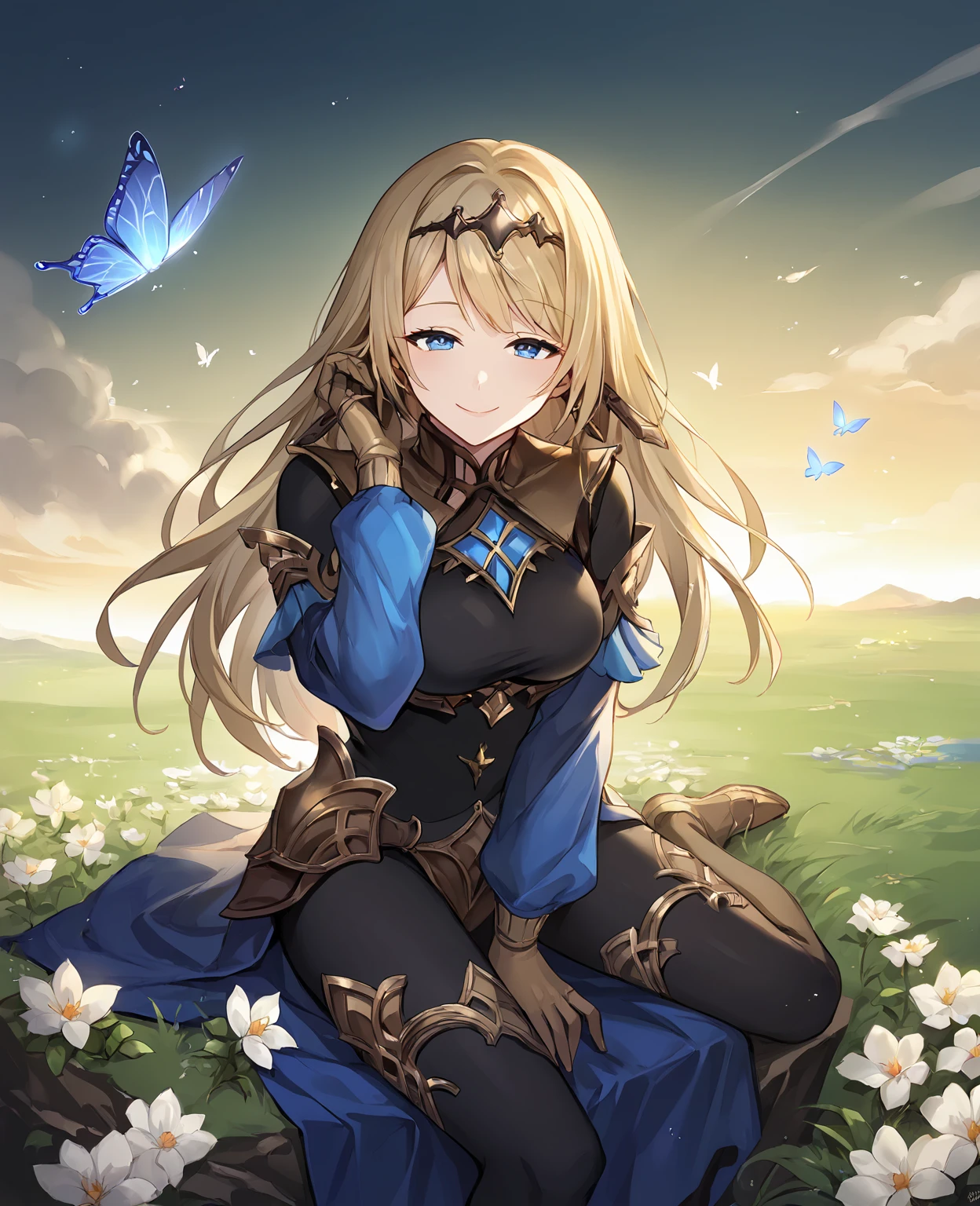 score_9,score_8_up,score_7_up,source_anime,rating_safe BREAK masterpiece,highres,best quality,high quality,dramatic angle,cinematic lighting,1girl,<lora:ShadowverseTetra_Pony_V2:0.86>,blonde hair,blue eyes,hair ornament,hairband,long hair,gold trim,headgear,black bodysuit,blue skirt,black pantyhose,sarong,blue sleeves,gloves,happy,butterfly,head wreath,hair flower,extremely detailed background,grass,sitting on rocks,shiny,blue sky,white clouds,turning head,wind,mature female,smile,adjusting hair,half-closed eyes
