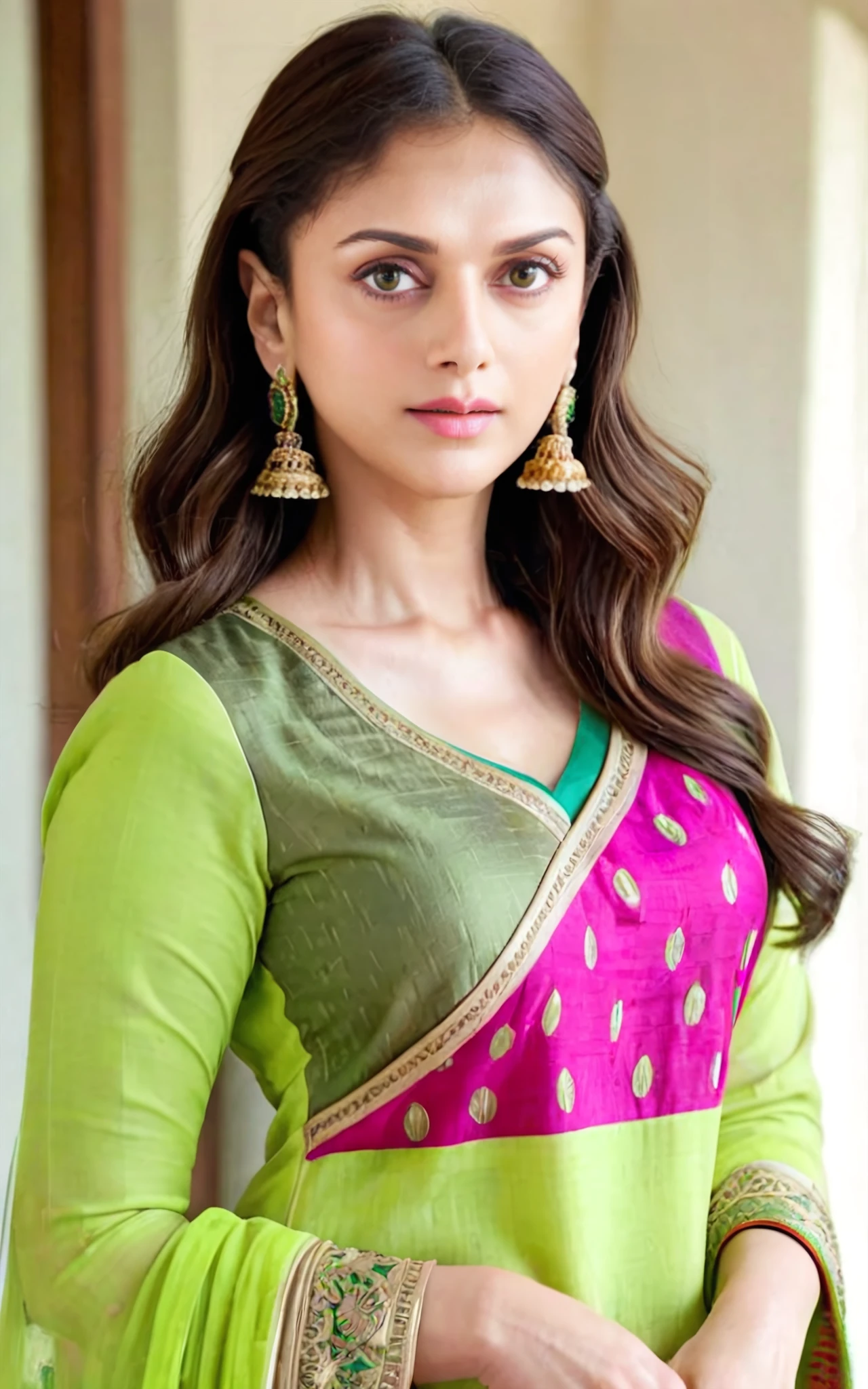 full body photo of aditi rao hydari woman, solo,  hair cut, , looking at the camera,  Lime Green ethnic clothing, , contrasting background bokeh,  <lora:Aditi_Rao_Hydari_SDXL_LoRA_prodigy_local_xformers_HNE-step00000500:1>