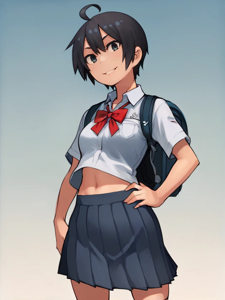 <lora:Lvi-PonyXL-1024px:0.9>
score_5_up,  score_6_up,  
1girl, solo, hand on hip, wearing school uniform, navel, smile, short hair, huge ahoge, looking at viewer, backpack