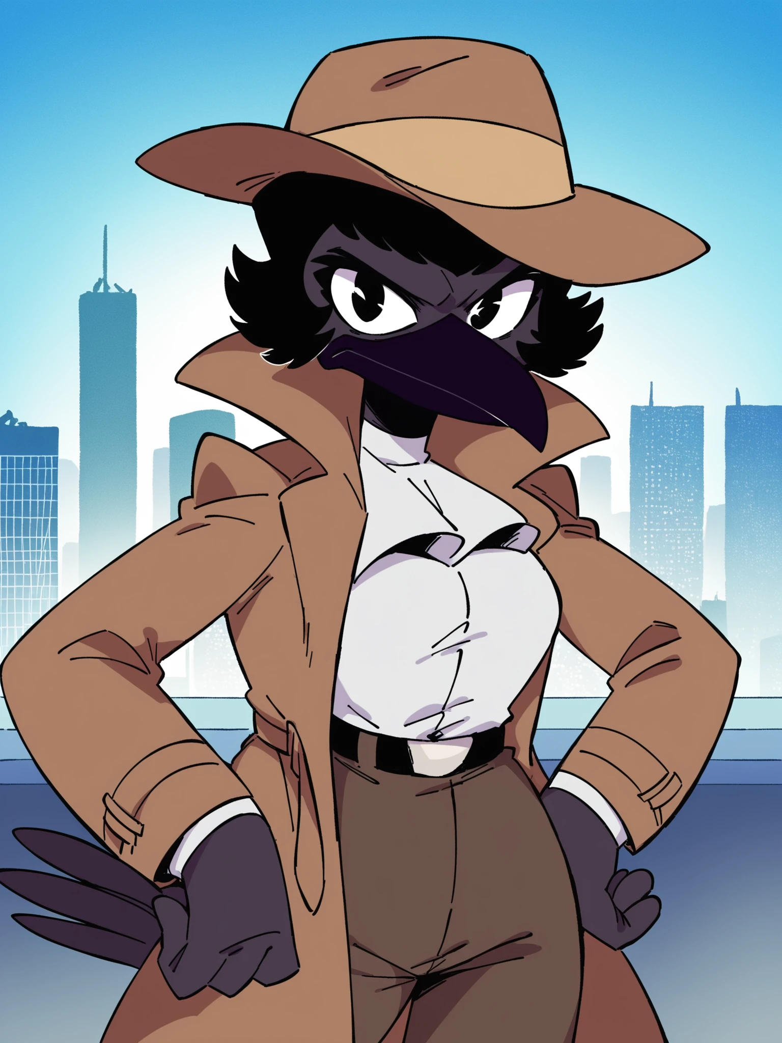 score_9, score_8_up, score_7_up, score_6_up, best quality, highres, source_furry, masterpiece, BREAK ppp BREAK
1girl, female, cityscape, tokyo, japan, trenchcoat, frilled dress shirt, pants, belt, fedora, dark beak, crow, corvid, black eyes, furrowed brow, frown, hand on hip, looking at viewer, black hair, short hair, black skin, tail feathers <lora:Inspector_Tezuka:1>