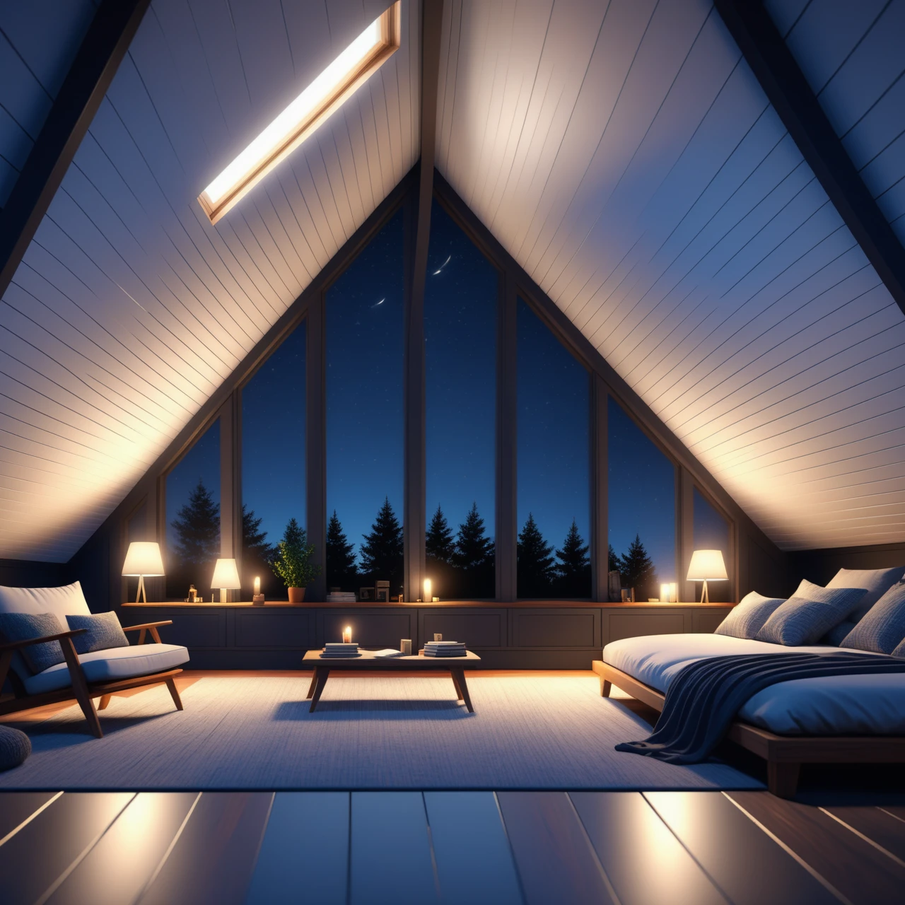 a Jed-Modern Attic , nightsky, masterpiece, full of details,ambient light, photorealistic, sharp and in focus  <lora:ModernInteriorSDXL:0.7>