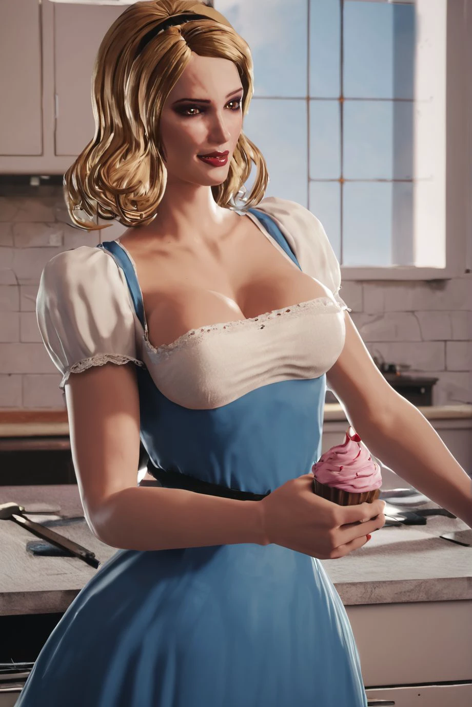 score_9, score_8_up, score_7_up, score_6_up, high-resolution render of alicekiller, high detail, 4k, blonde, brown eyes, makeup, red lips, black thin hairband, wearing strapped blue dress, white blouse, breasts, white puffy short sleeves, white stockings, in a kitchen, eating a cupcake, smile<lora:AliceKiD_2:0.85>