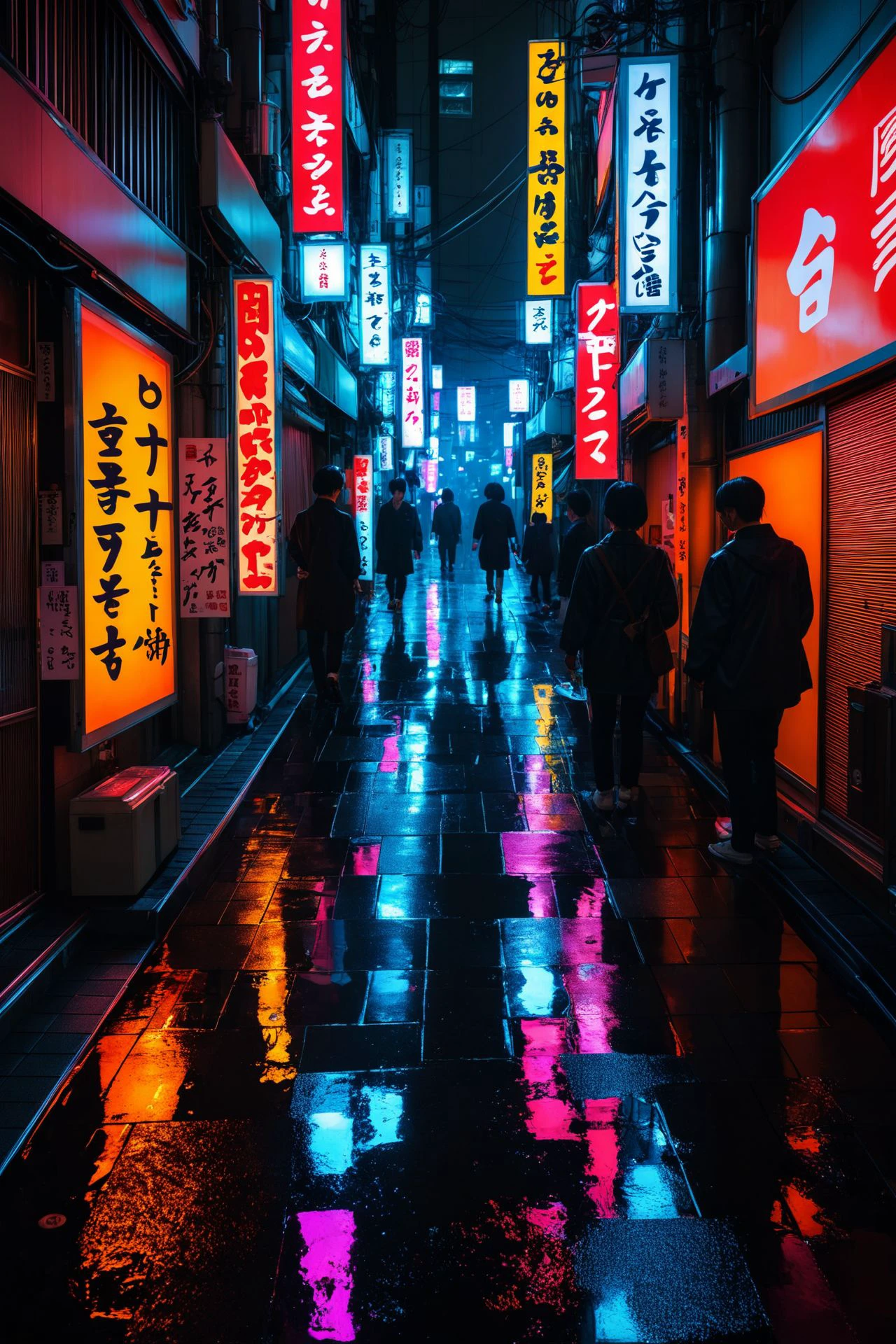 Neon-lit alleyway in Tokyo, bustling with people, vibrant signs and billboards, reflections on wet pavement, night scene, cyberpunk vibes
<lora:aidma-Image Upgrader-v0.1:1>