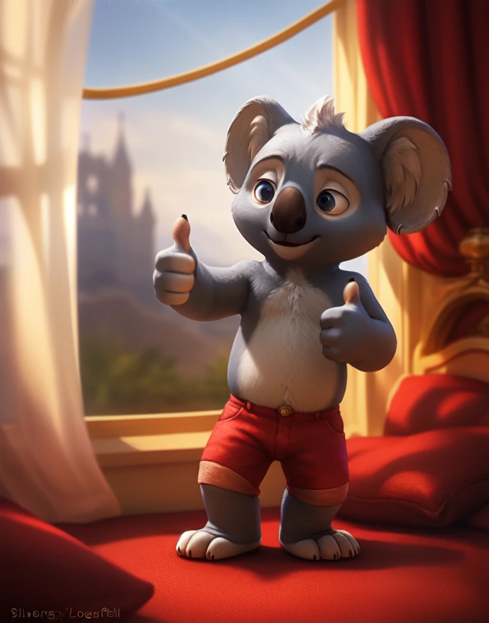 cinematic film still  <lora:BlinkyBillAnimN1:0.85>  BlinkyBillAnimN1,  koala, Red shorts,  (thumbs up)
Male, Detailed multicolored skin, ( solo), [day, room , luxury room, children's room window, landscape outside the window, curtains, bed, pillows, light from the window], 
(beautiful, aesthetic, perfect, delicate, intricate), masterpiece, digital drawing, best quality, AS-YoungerV2:0.6, AS-YoungestV2:0.5,   
by Lostgoose, by Silverfox5213, by Joaqun Sorolla    
 . shallow depth of field, vignette, highly detailed, high budget, bokeh, cinemascope, moody, epic, gorgeous, film grain, grainy