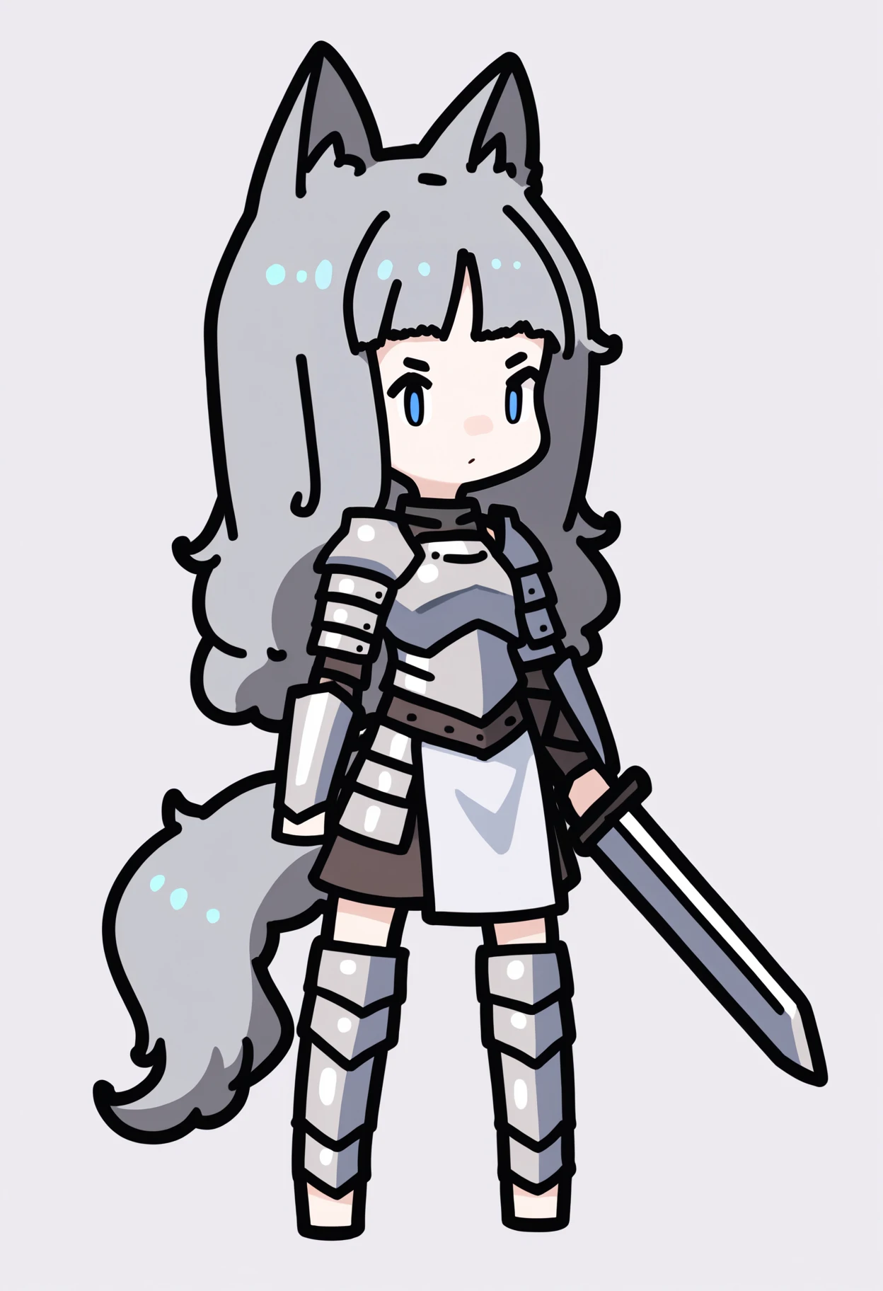 score_9, score_8_up, score_7_up, score_6_up, score_5_up, score_4_up, BREAK
1girl, long hair, grey hair, blue eyes,
chibi, wolf ears, wolf girl, wolf tail,
armor, breastplate, greaves, holding a giant sword,
standing, full body, solo, looking at viewer, simple background, white background    <lora:RabbitAndSteelXLLocon:1>