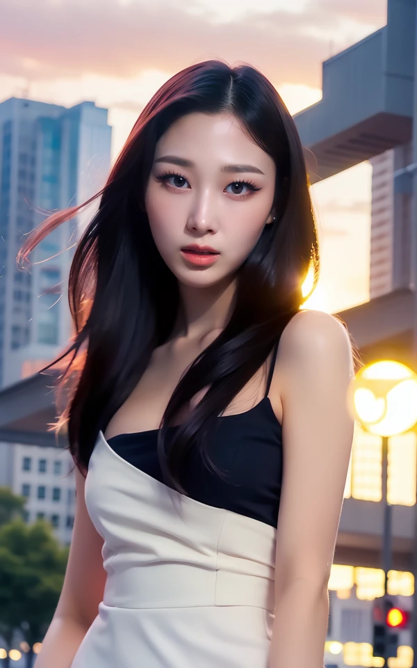 <lora:Giselle_V1:1> G!$ellâ¬,, (realistic), (hyperrealism), (photorealistic:1.4), 1girl, looking at the viewer, eye makeup, detailed eyes, detailed face, (upper body:1.2), detailed background, black dress, walking at the streets, sunset, (windy:1.2)