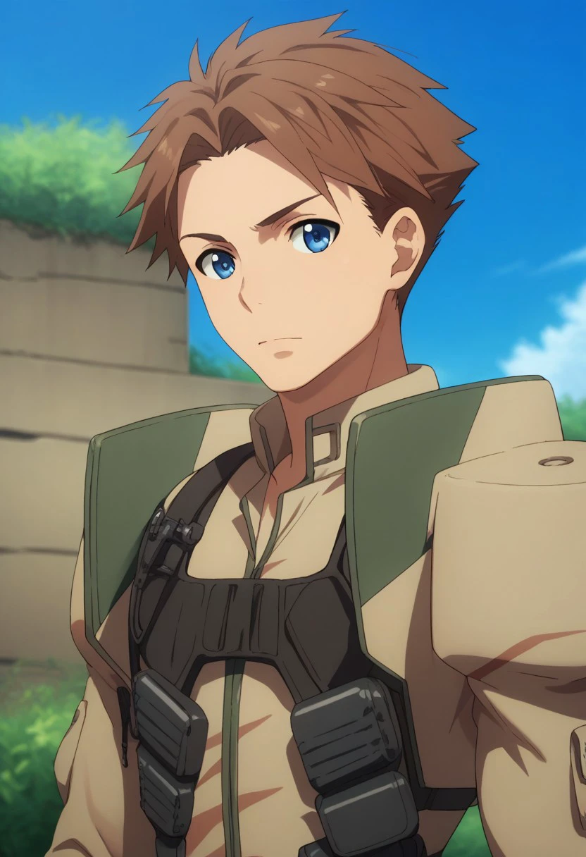 score_9, score_8_up, score_7_up, source_anime, highly detailed, 
heivia, 1boy, male focus, solo, brown hair, short hair, blue eyes, uniform, military, military uniform, standing, looking at viewer, brown uniform, upper body,
outdoor, sky,