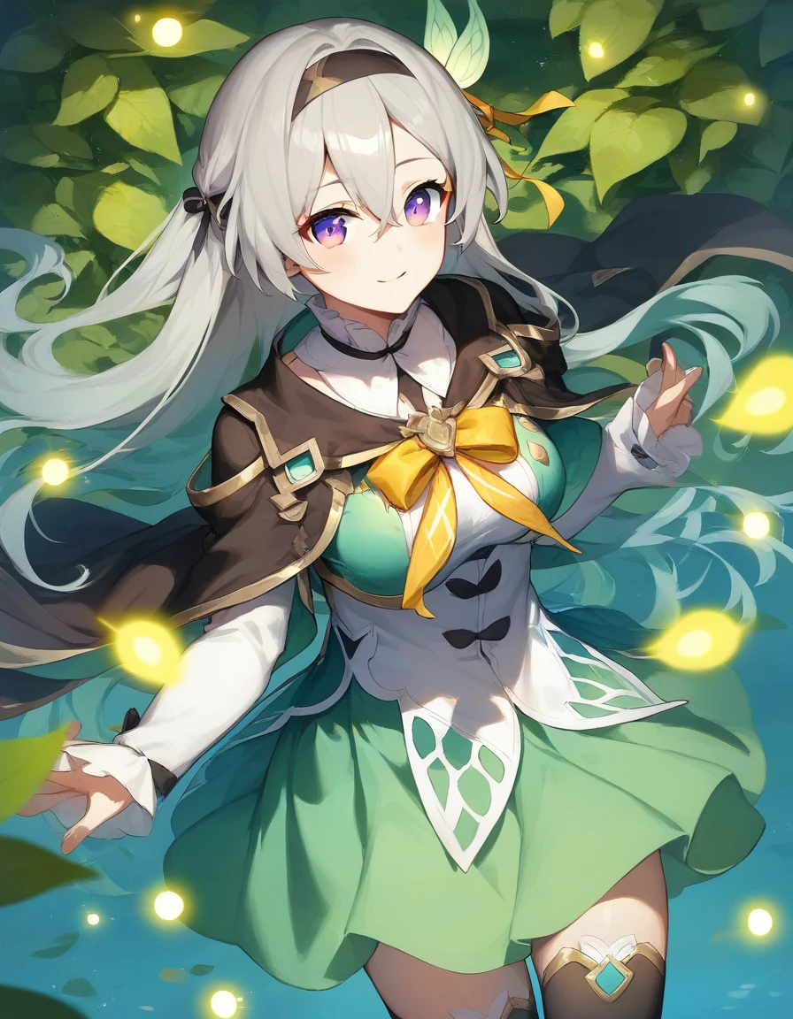 score_9,score_8_up,score_7_up,score_6_up BREAK official art,solo,outdoors,cheek-to-cheek,upper body,(portrait:1.5),looking at viewer,facing viewer,smile,Firefly,long hair,grey hair,gradient hair,multicolored hair,floating hair,black hairband,hair ribbon,black ribbon,hair intakes,leaf hair ornament,hair between eyes,parted bangs,purple eyes,black cape,neck ribbon,yellow ribbon,green dress,long sleeves,medium breasts,green skirt,white bow,zettai ryouiki,black thighhighs,white footwear,<lora:Firefly(hsr)-Pony:1.2>,<lora:Smooth Anime Style LoRA XL:0.8>,