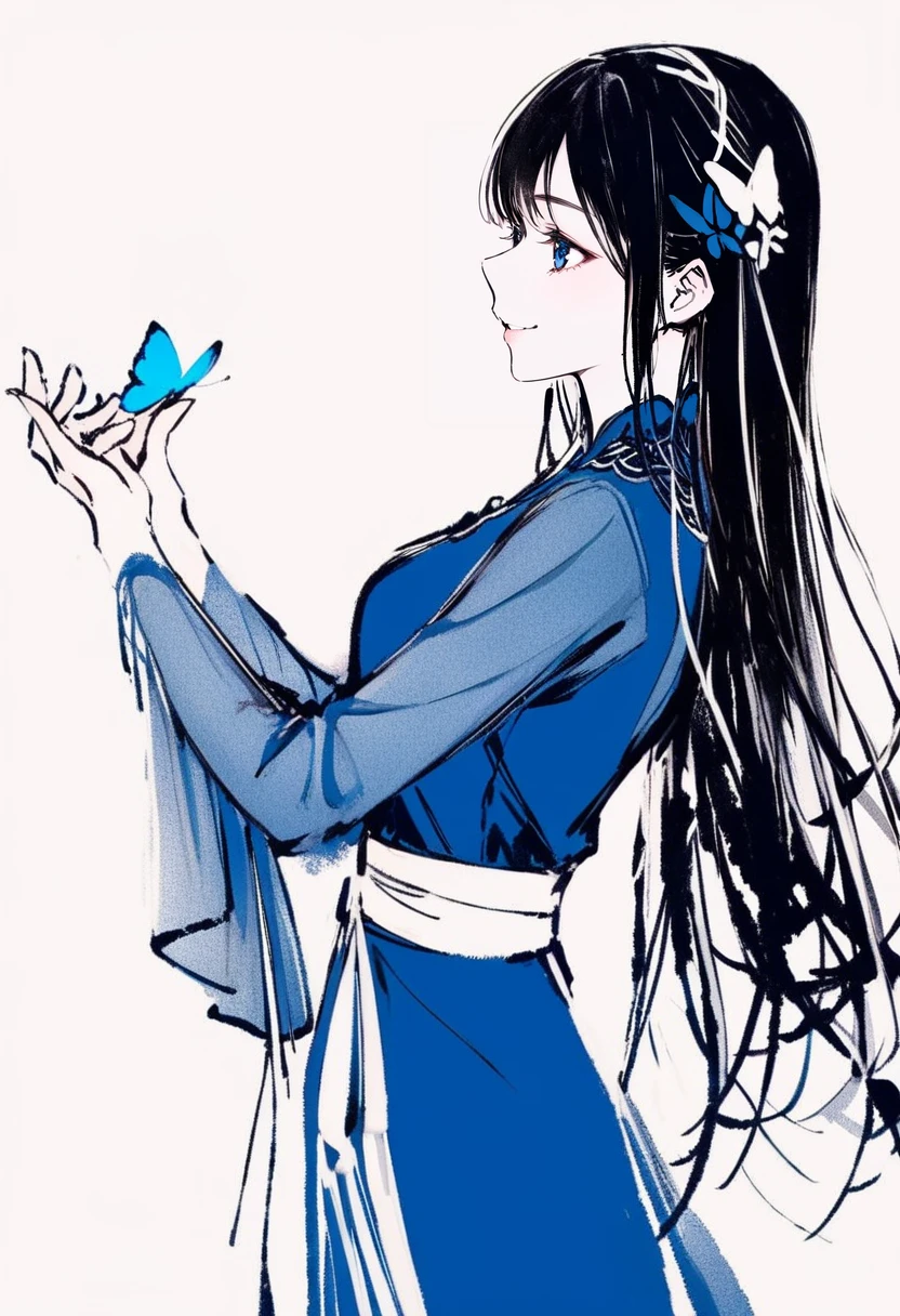 masterpiece, best quality,<lora:inkXL_ANI31_lokr_V43P1:0.95>monochrome, 1girl, solo, long hair, white background, dress, black hair, hair ornament, butterfly, smile, from side, bug, blue eyes, long sleeves, flower, simple background, blue dress, upper body, sash, holding