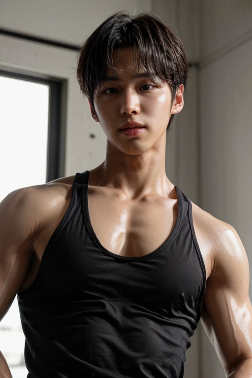 hongseok, muscular, solo, 1boy, wearing black tank shirt, black sleeveless shirt, <lora:NSFWFilter:-1> shiny_skin, male focus <lora:oil2.0_2-512-64:0.8> (highres, ultra detailed) ((masterpiece)), ((best quality:1.1)), High Resolution, 8k,1boy, (photorealistic:1.4), high quality, dynamic poses <lora:hongseok:0.9> <lora:more_details:0.6>