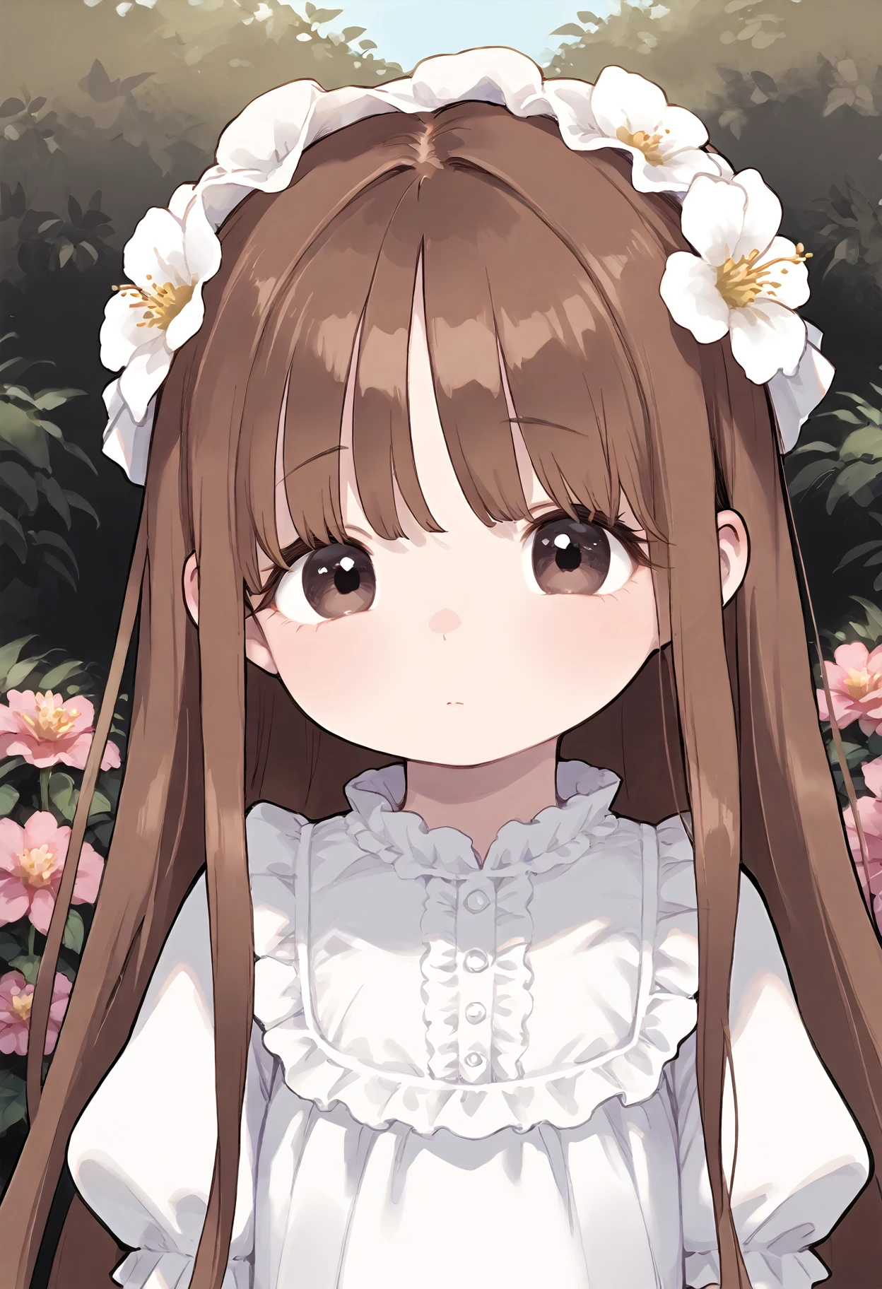 score_9,
1 girl, solo, close up of a cute girl in flower garden, clear delicate face, insanely excess frilled white dress, absurdly long brown hair, upper body,looking at viewer, brown hair,