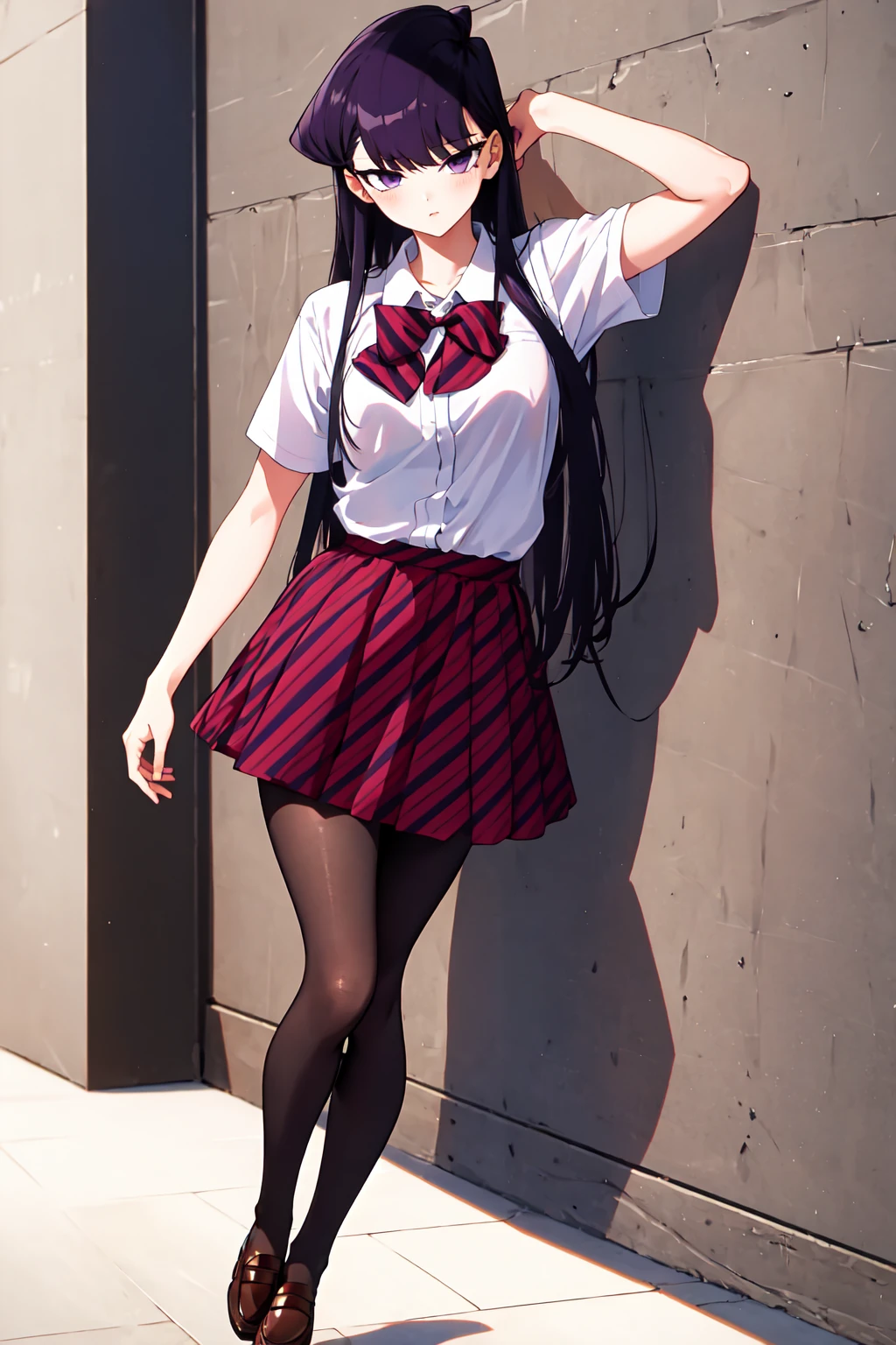 masterpiece, best quality, Leaning against a wall,   <lora:Komisan-07:1>KomisanUni2, komi shouko, 1girl, solo, long hair, black hair, purple hair, purple eyes, school uniform, white shirt, short sleeves, collared shirt, bowtie, red bow, striped bow, red skirt,  shoes, black pantyhose, indoors,