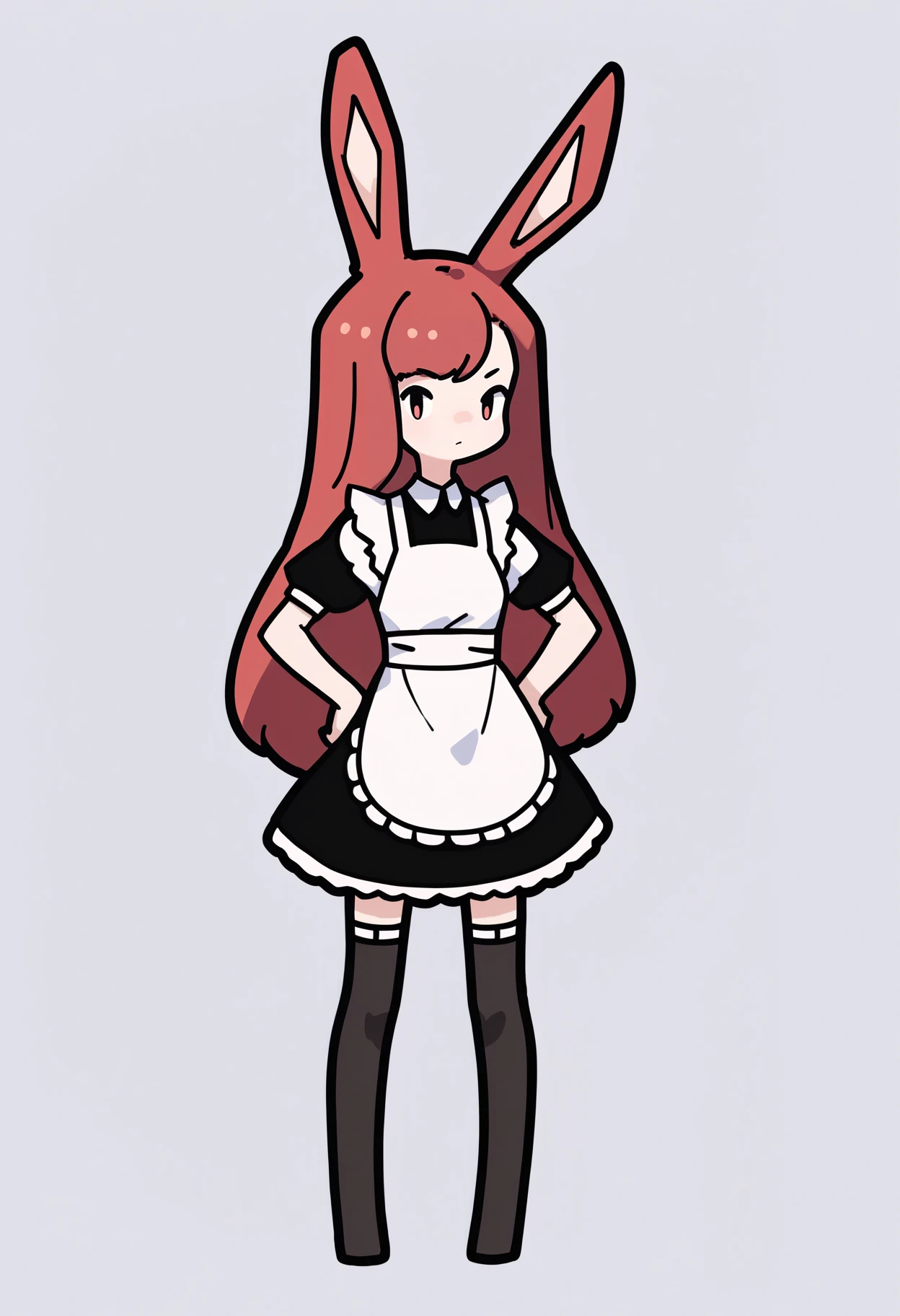 score_9, score_8_up, score_7_up, score_6_up, score_5_up, score_4_up, BREAK
1girl, long hair, red hair, rabbit ears,
black dress, maid, black stockings,
hands on hips, standing, full body, solo, looking at viewer, simple background, white background    <lora:RabbitAndSteelXLLocon:1>