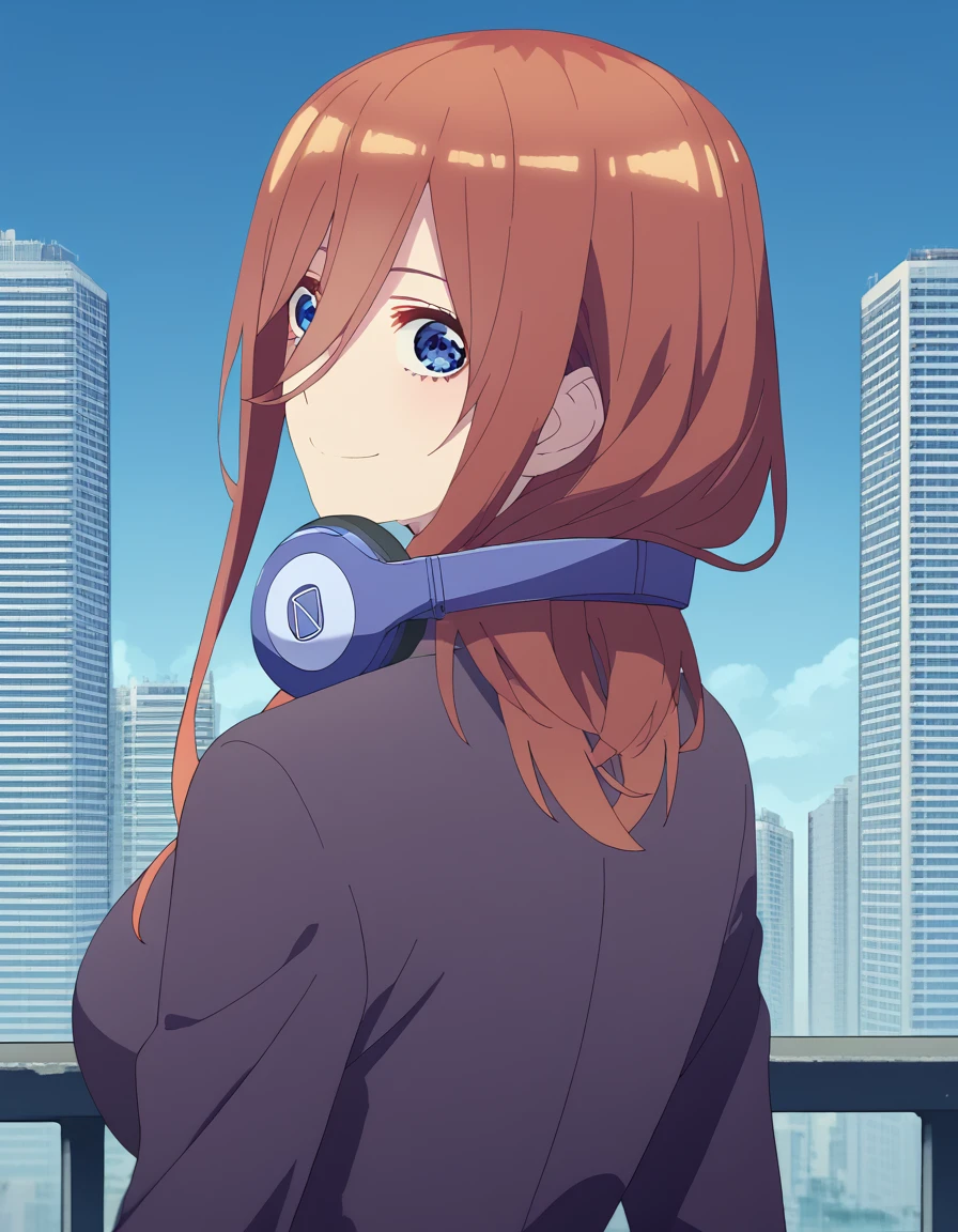 score_9, score_8_up, score_7_up, source_anime, mikunakano, <lora:miku-nakano-s2-ponyxl-lora-nochekaiser:1>, miku nakano, long hair, bangs, blue eyes, brown hair, hair between eyes, headphones, headphones around neck, large breasts,, <lora:shaft-look-ponyxl-lora-nochekaiser:1>, shaft look, looking back, from behind, head tilt,, cityscape, street, smile,, cowboy shot, dutch angle, solo,