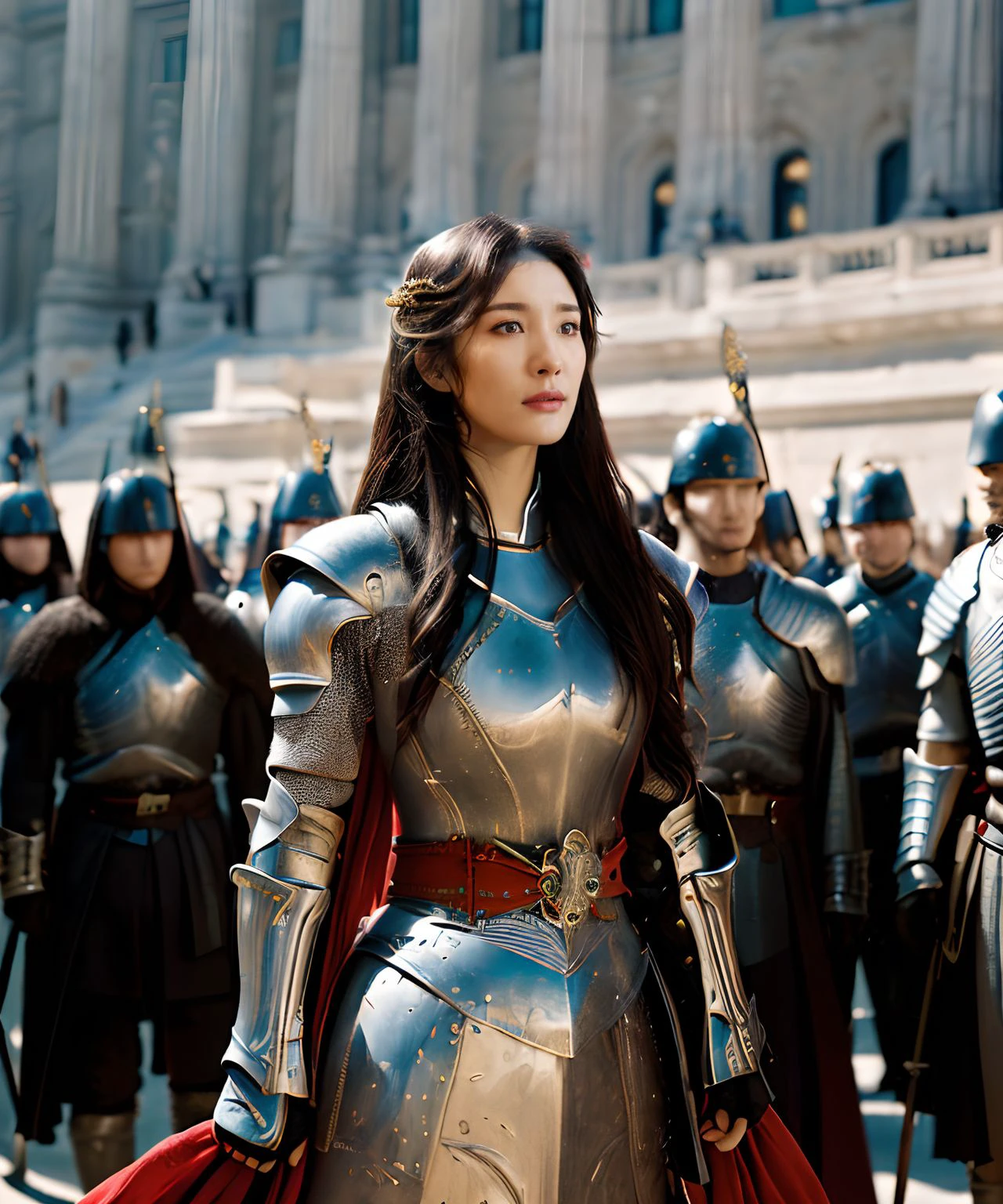 film photography aesthetic,yangmi woman,high-resolution, masterpiece, unity 8k wallpaper, female knight, heaven armor,armor is  flamboyant and exaggerated,muted color palette  folding background of  red and black, symmetrical hands  of swords and pikemen, uniforms, adobe Photoshop, Adobe Lightroom, photolab, Affinity Photo, PhotoDirector 365 <lora:yangmi_lshw3e4_2-000024:0.6><lora:epi_noiseoffset2 (1):0.6> <lora:more_details (1):0.6>