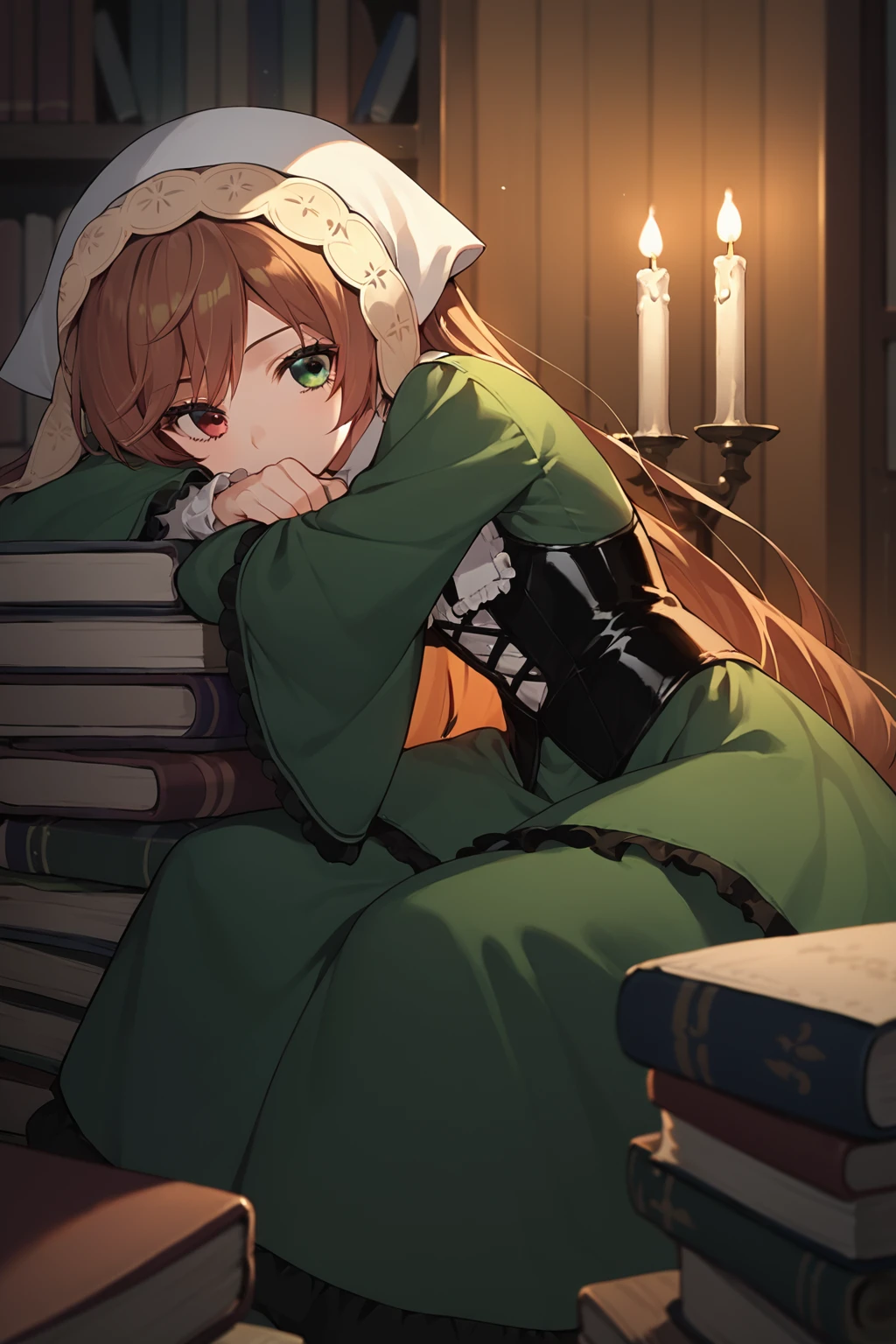 score_9, score_8_up, score_7_up, score_6_up, source_anime, 1girl, <lora:Suiseiseki_pdxl_v1.0:0.95> suiseiseki, bonnet, head scarf, ribbon, green dress, corset, night, dark, dim candlelight, candle, messy study room, many books, grimoire, book stock, head rest, vase