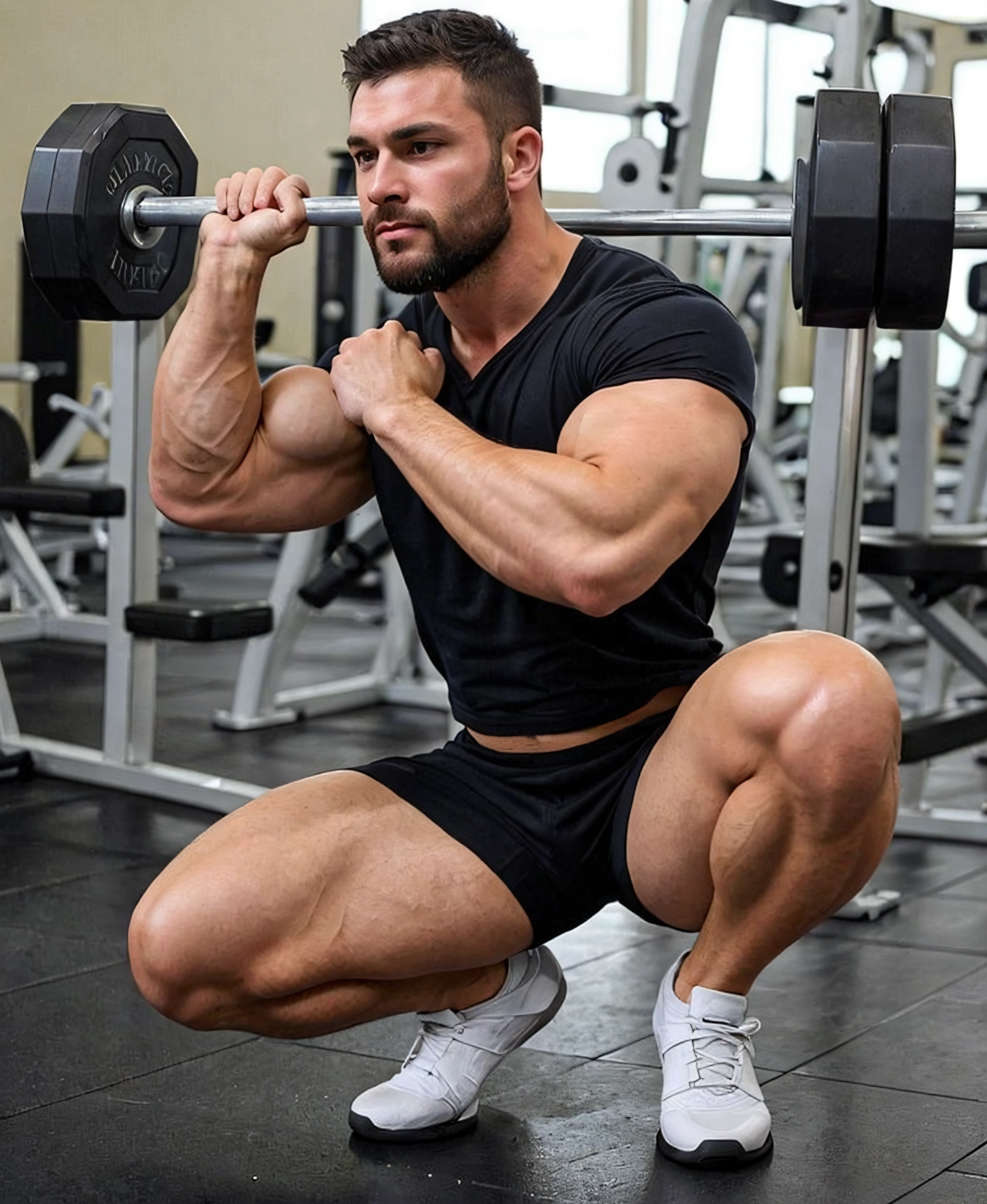 beard, bighunkmale, hunk, male, man, muscular, with, gym clothes, shorts, realistic, pose (squat (exercise)) <lora:Bighunkmale:0.44>