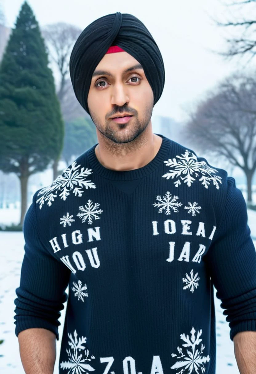 Ultra-detail, (highres:1.1), best quality, (masterpiece:1.3), Ultra Realistic cinematic Photo, dynamic posture posing in snowy park, Ranbir Kapoor a man <lora:Diljit:0.9> , from side, walking, fitness champion, handsome Mr. World, perfectly shaped, symmetrical muscled body with six-pack abs, pecs, biceps, thin waste, V-shaped back, symmetrical face, perfect jawline, modern haircut, dark blue eyes, high detailed white skin, high detailed face, realistic pupils, realistic eyes, high detailed eyes, realistic iris, 8k UHD, soft lighting, high quality, film grain,