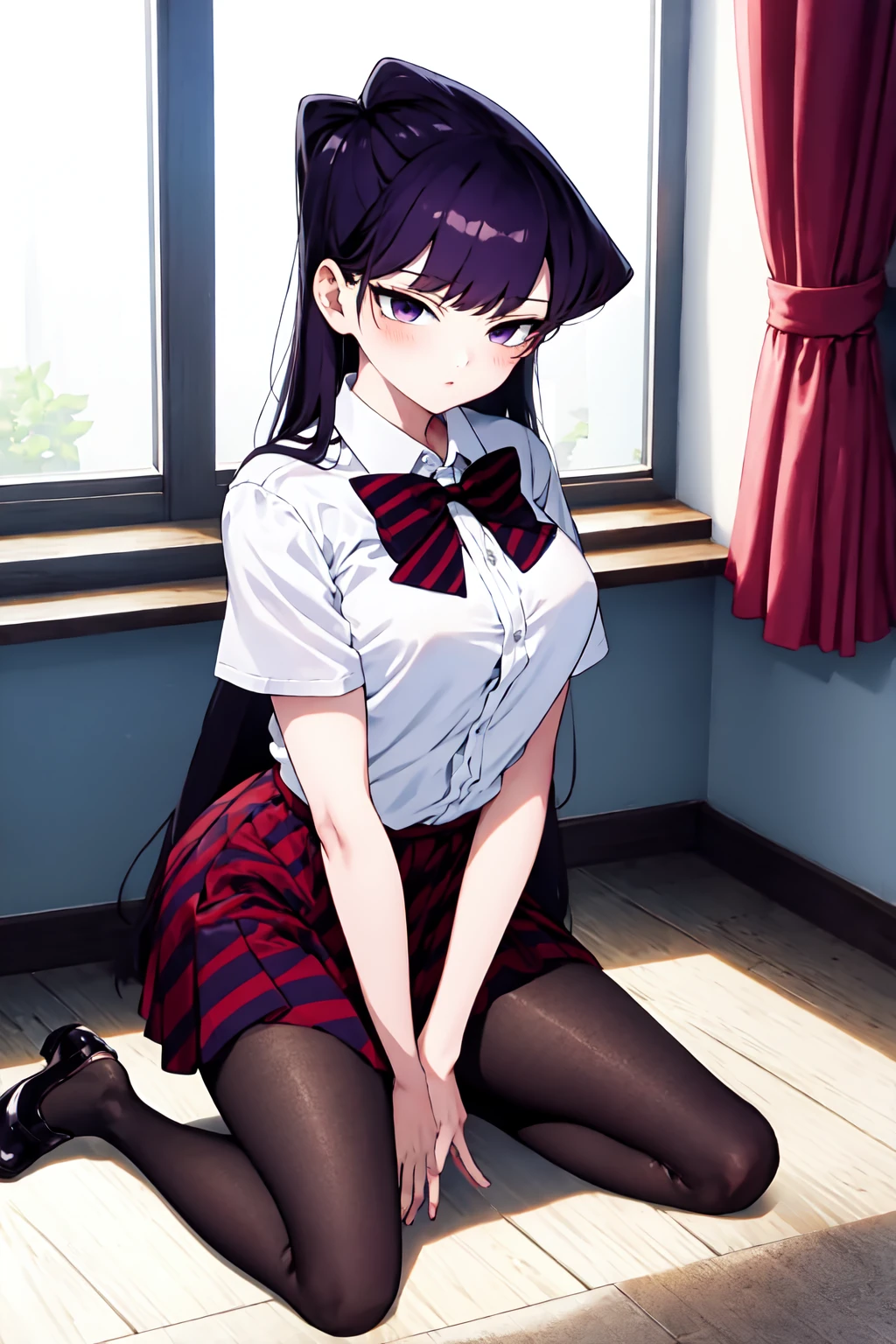 masterpiece, best quality, Kneeling with one arm resting on the knee,   <lora:Komisan-07:1>KomisanUni2, komi shouko, 1girl, solo, long hair, black hair, purple hair, purple eyes, school uniform, white shirt, short sleeves, collared shirt, bowtie, red bow, striped bow, red skirt,  shoes, black pantyhose, indoors,