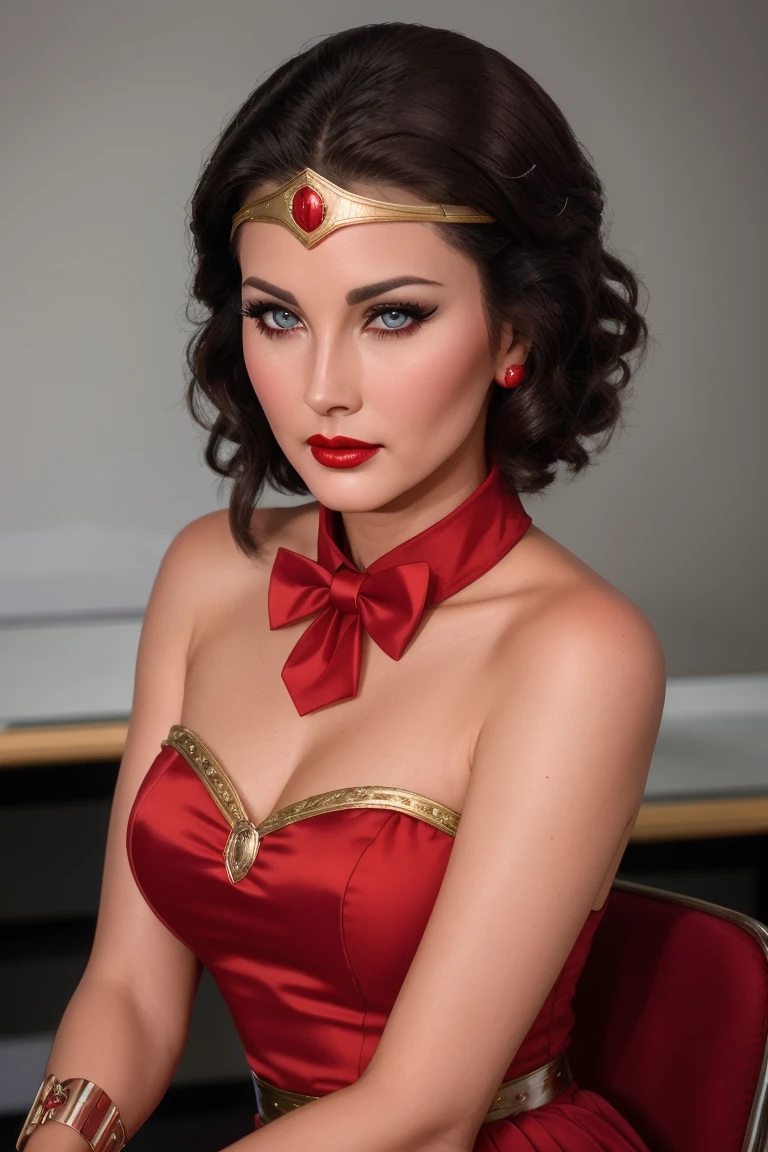 <lora:lyndacarter-03:0.5>, lyndacarter,, ((tiara, bracers)), ((detailed skin, detailed face):1.2), ((detailed eyes, beautiful eyes):1.2), ((red lipstick, eyeliner, eye shadow, blush)), ,photo of a woman, RAW, close portrait photo, ((bowtie, shirt)),((short hair)), ((classroom, sitting)), slim body, 8k uhd, dslr, soft lighting, high quality, film grain, Fujifilm XT3 sharp focus, f 5.6,((red lipstick, blush)) , slight smile, ((detailed eyes, beautiful eyes, detailed face, beautiful face)),