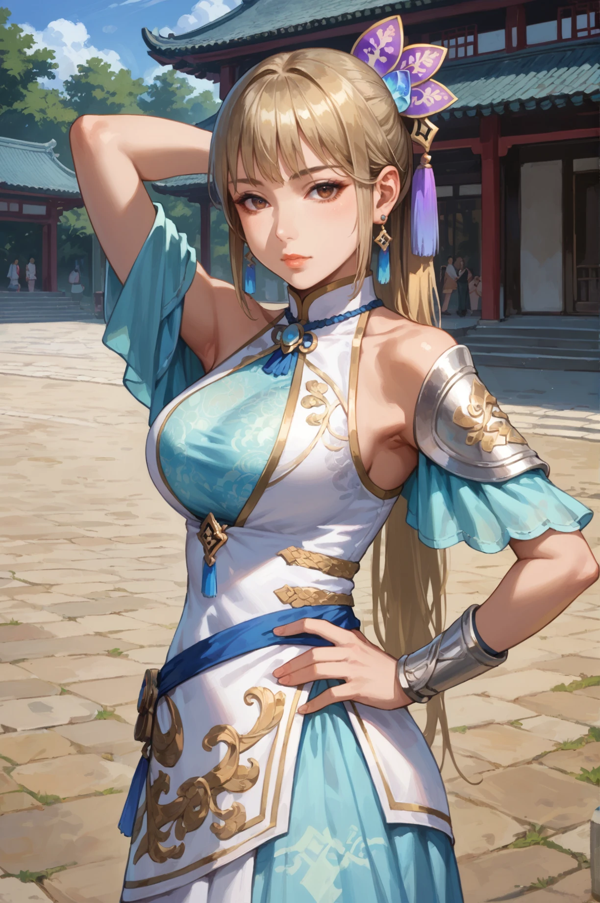 score_9, score_8_up, score_7_up, source_anime, highly detailed, A woman standing with one arm raised above her head, the other hand resting on her hip., <lora:Wang_Yuanji_Dynasty_Warriors:0.8> solo, 1girl, blonde hair, long hair, big breast, dress, hair ornament, earrings, brown eyes, east asian architecture, looking at viewer