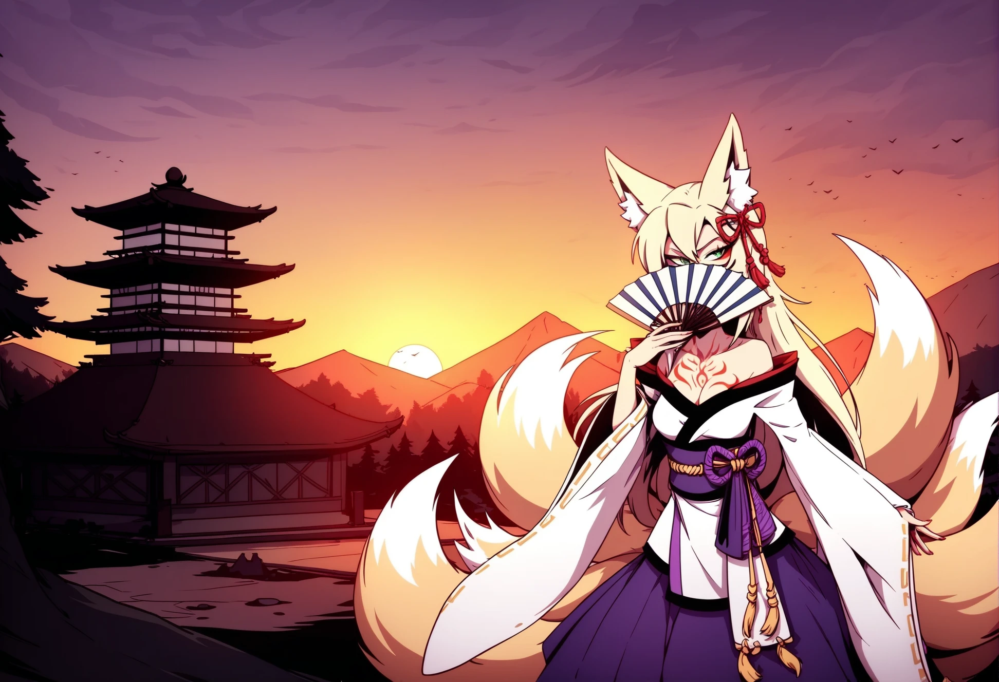 by kate fox , masterpiece,  best quality,
1girl, tamamo \(mon-musu quest!\), fox girl, kitsune, fox ears, multiple tails, green eyes, blonde hair, hair ornament, chest tattoo, japanese clothes, off shoulders, collarbone, purple skirt, hip vents, detached sleeves,
smug, holding hand fan, (covering face with hand fan:0.9),
outdoors, japanese temple, pagoda, wide shot of epic landscape, sunset, dusk,