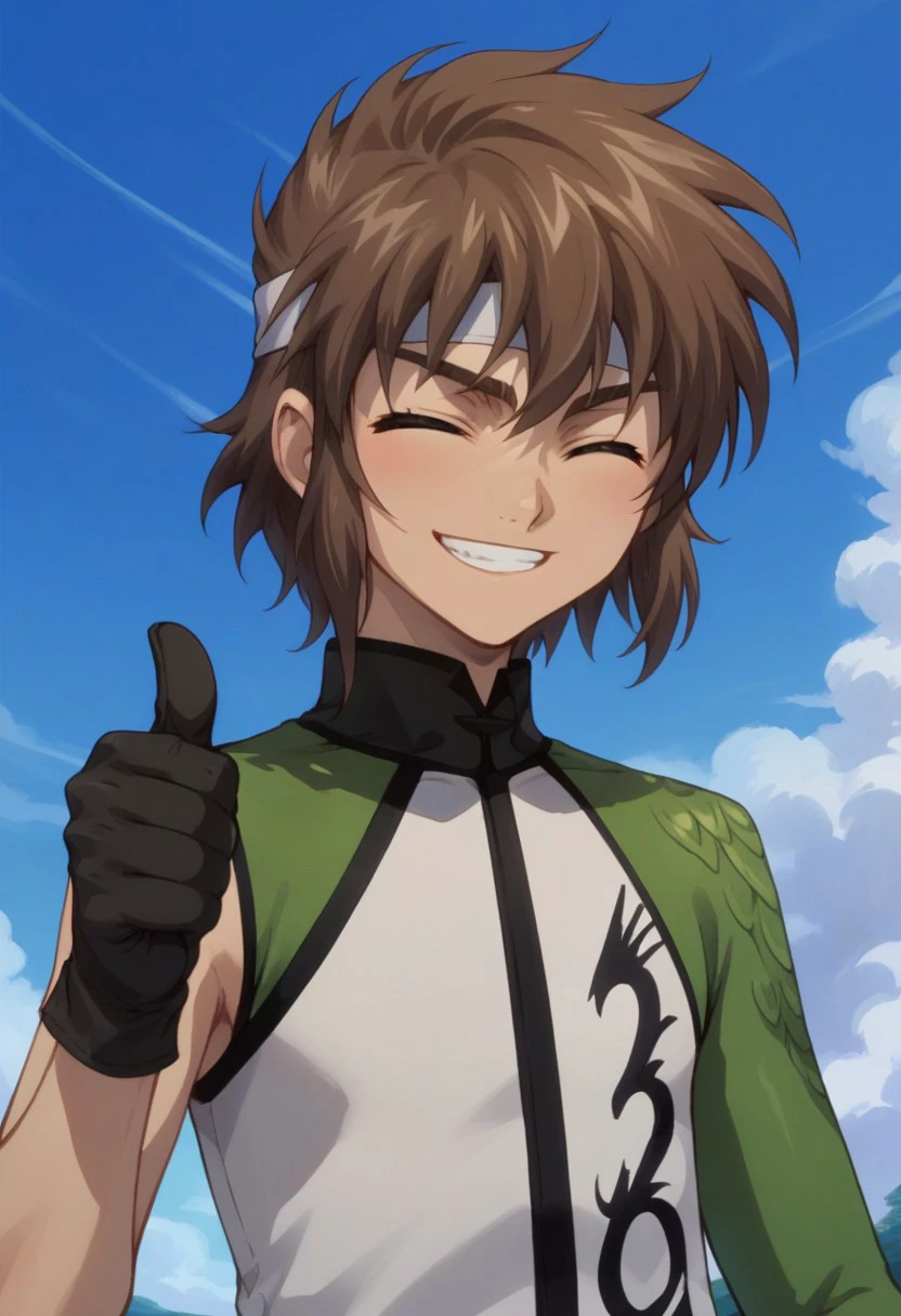 score_9, score_8_up, score_7_up, source_anime, highly detailed, 
ryu, brown hair, thumbs up, closed eyes, gloves, 1boy, smile, headband, male focus,
solo, grin, sky, upper body, black gloves, day, blue sky, pilot uniform,