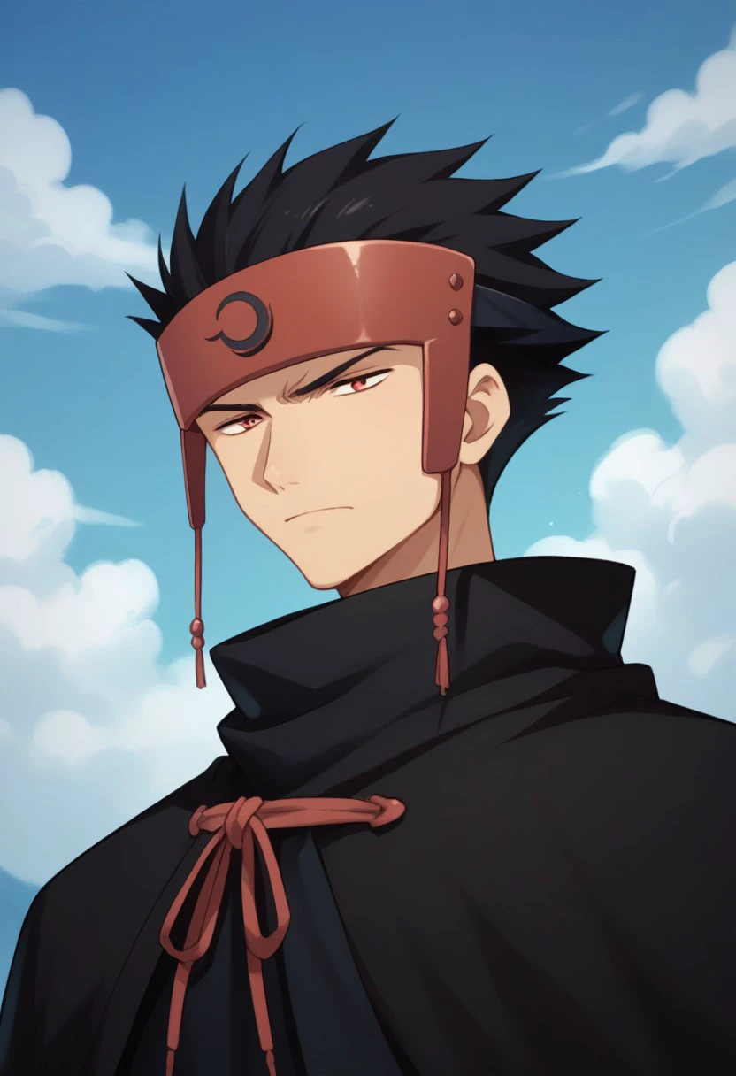 score_9, score_8_up, score_7_up, source_anime, highly detailed, 
kurogane, 1boy, male focus, solo, forehead protector, headband, sky, closed mouth, black hair, cloud, cloudy sky, upper body, outdoors, spiked hair, high collar,
black cloak, red eyes,