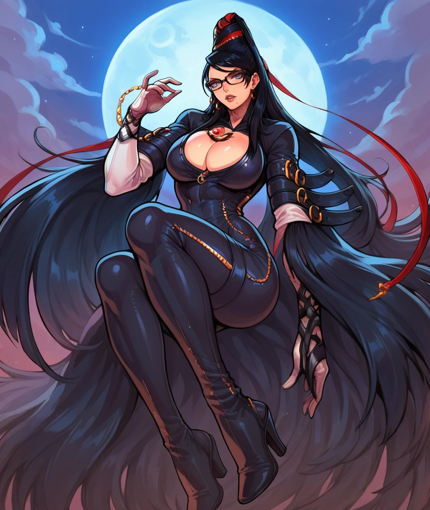 score_9,score_8_up,score_7_up,1girl,source:anime,simple background,night,moonlight,full moon,
big breasts,
lips,
<lora:Bayonetta_1>,black clothes,skinsuit,long hair,black hair,cleavage,amulet,jewelry,glasses,mole under mouth,white gloves,feathered sleeves,red ribbon,very long hair,black thigh boots,high heels,grey eyes,<lora:ALESZ01:0.8>,