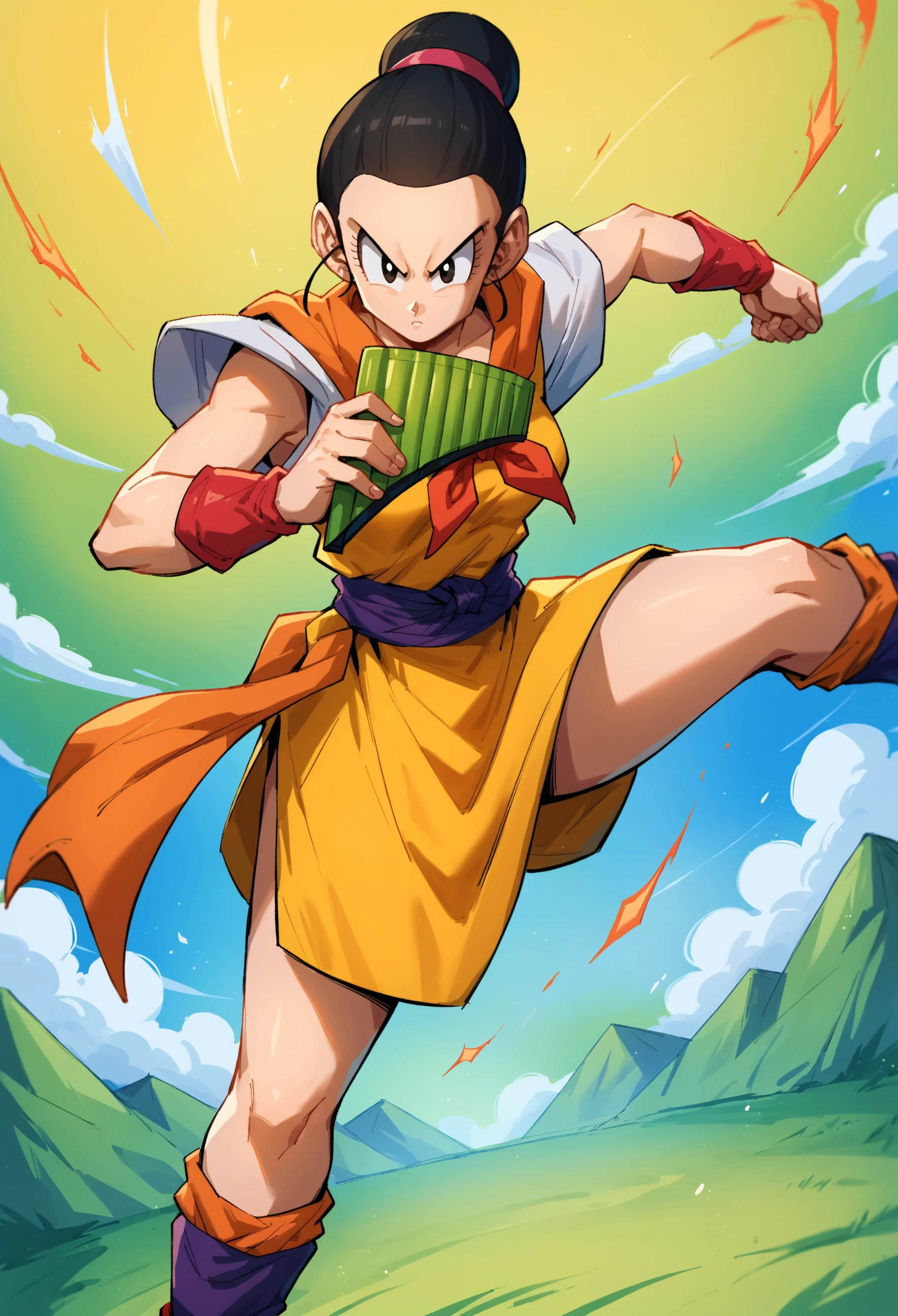 score_9, score_8_up, score_7_up, score_6_up, score_5_up, 1girl ,<lora:ch1ch1:1> ,ch1ch1, chi-chi (dragon ball), solo,
kicking,at arena,at fighting arena scenery,
,playing green panflute<lora:PanflutePonyV1>